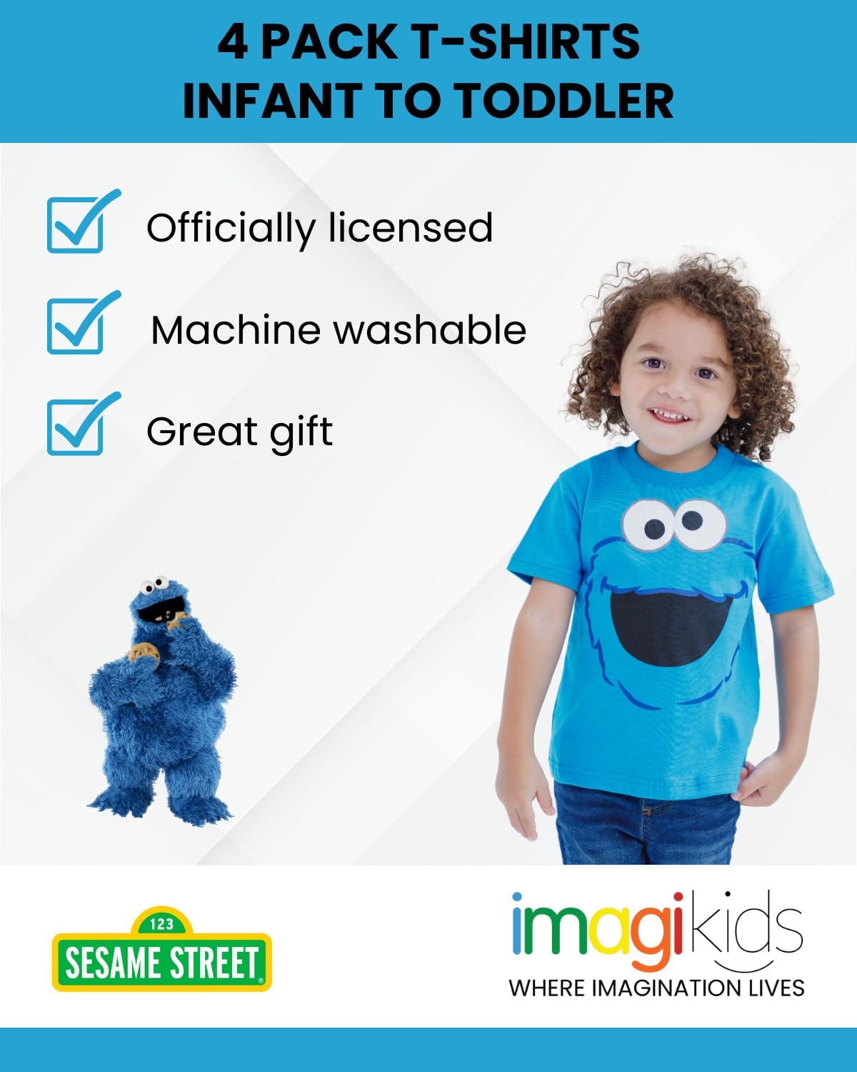 Sesame Street 4 Pack Toddler T-Shirts for Boys & Girls - Elmo, Oscar, Big Bird, Cookie Monster - Soft Cotton Playwear for Daycare, Preschool & Family Outings