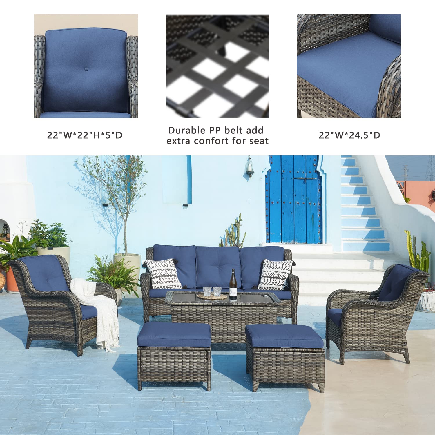 6-Piece Outdoor Patio Wicker Furniture Set - Rattan Sectional Sofa with 3-Seat Couch, 2 Armchairs, 2 Ottoman Footrests & Glass Top Coffee Table - Grey/Blue - Perfect for Backyard, Garden, Poolside & Outdoor Conversations