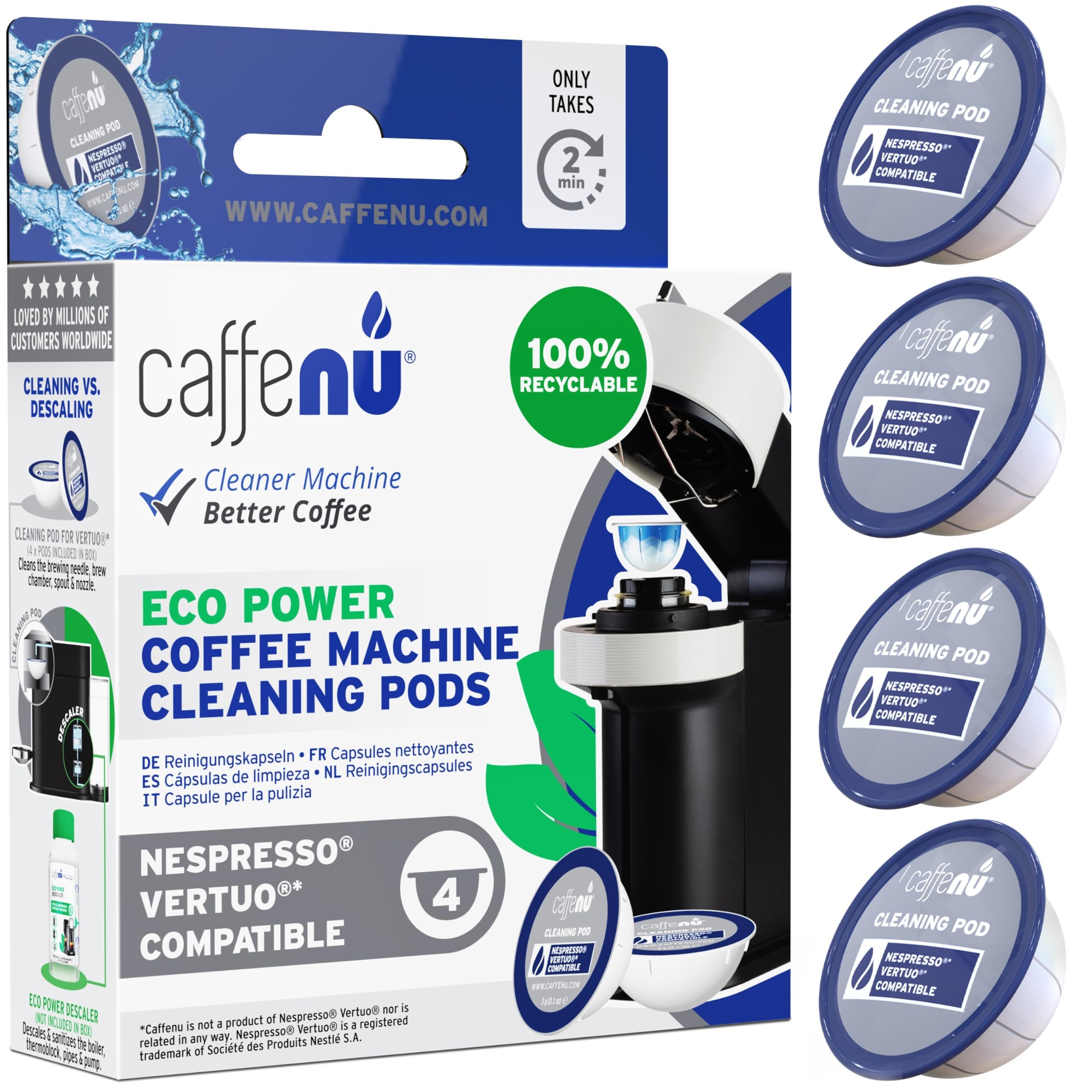 Nespresso Vertuo Compatible Cleaning Pods - 4 Pack Coffee Machine Cleaner Capsules, Improve Coffee Flavor & Remove Residue | Use with Descaling Kit for Fresh, Crisp Coffee | Perfect for Home & Office Nespresso Machines
