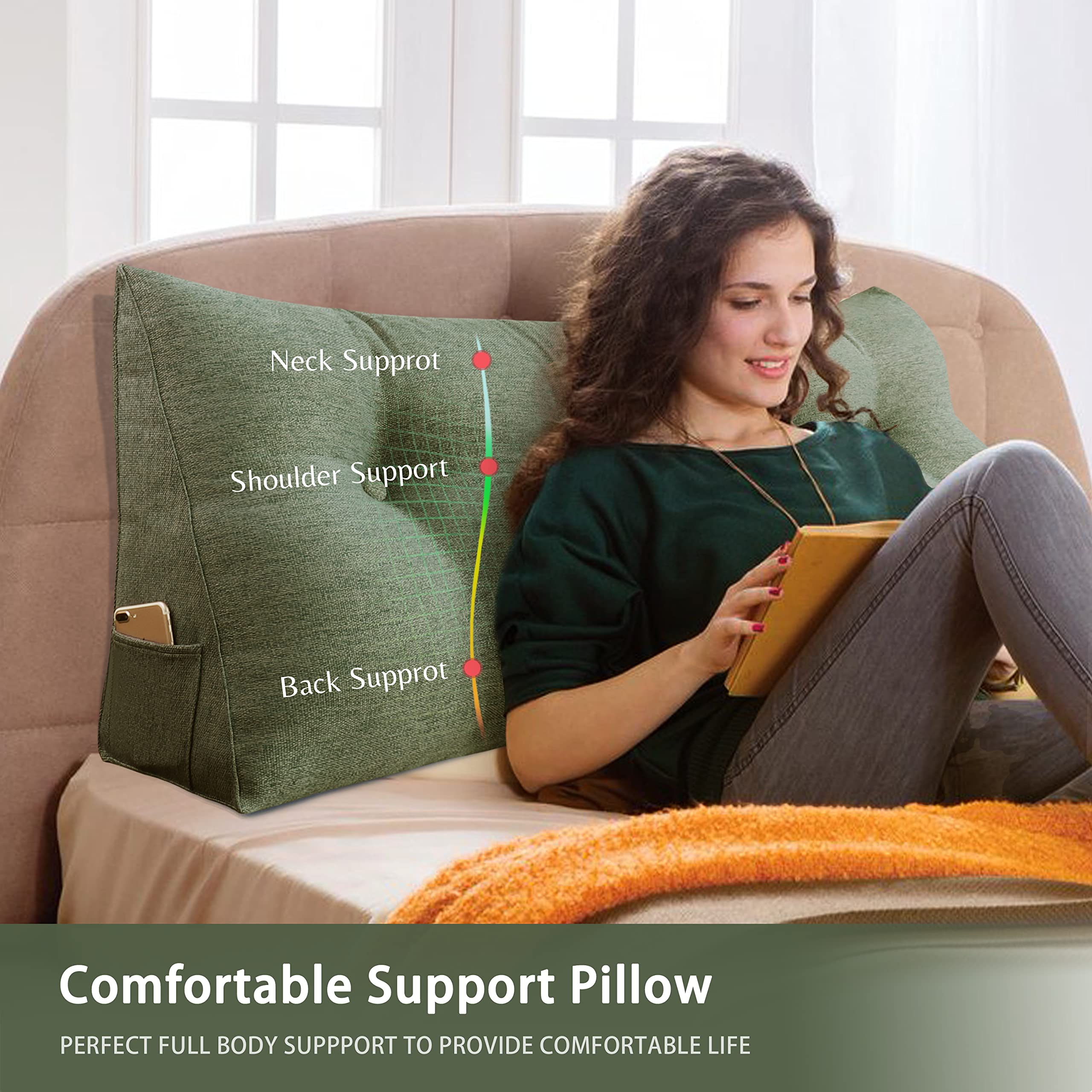 **Triangular Headboard Wedge Pillow - Upholstered Green King Size Bed Rest Pillow for Daybeds, Reading & Lumbar Support - Perfect for Back Pain Relief, Gap Filling & Stylish Home Decor**