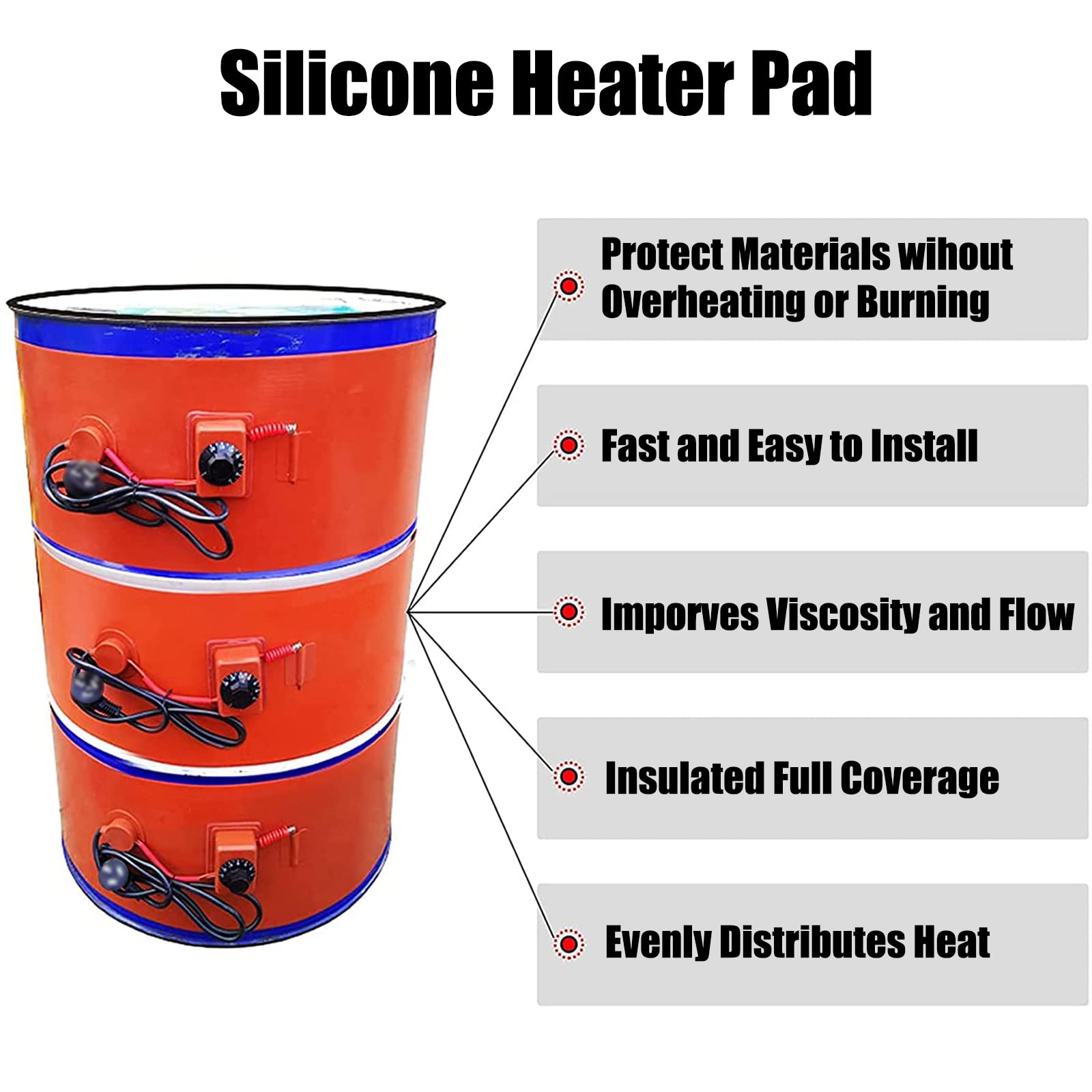 **800W Silicone Drum Heater Band with Adjustable Thermostat - 220V for 20L / 55 Gallon Barrels (200×860mm) - Ideal for Honey Oil, Wax, and Chemical Storage Heating**