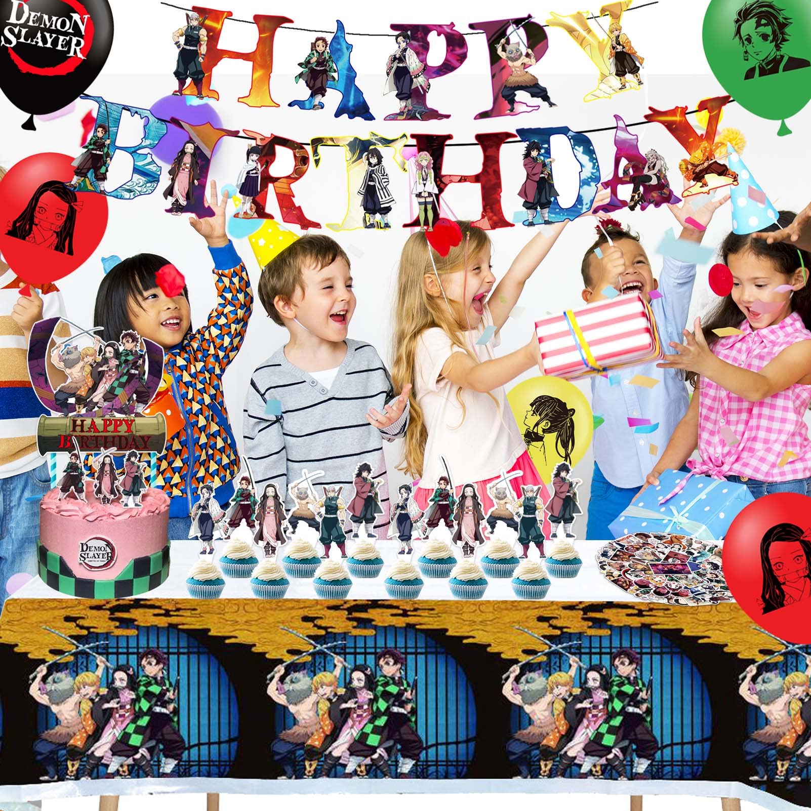 **Anime Birthday Party Decorations Kit - 99pcs Party Supplies Set with Stickers, Banner, Cupcake Toppers, Tablecloth & Balloons for Kids Anime Themed Party - Perfect for Birthday Celebrations, Themed Events & Decorations**
