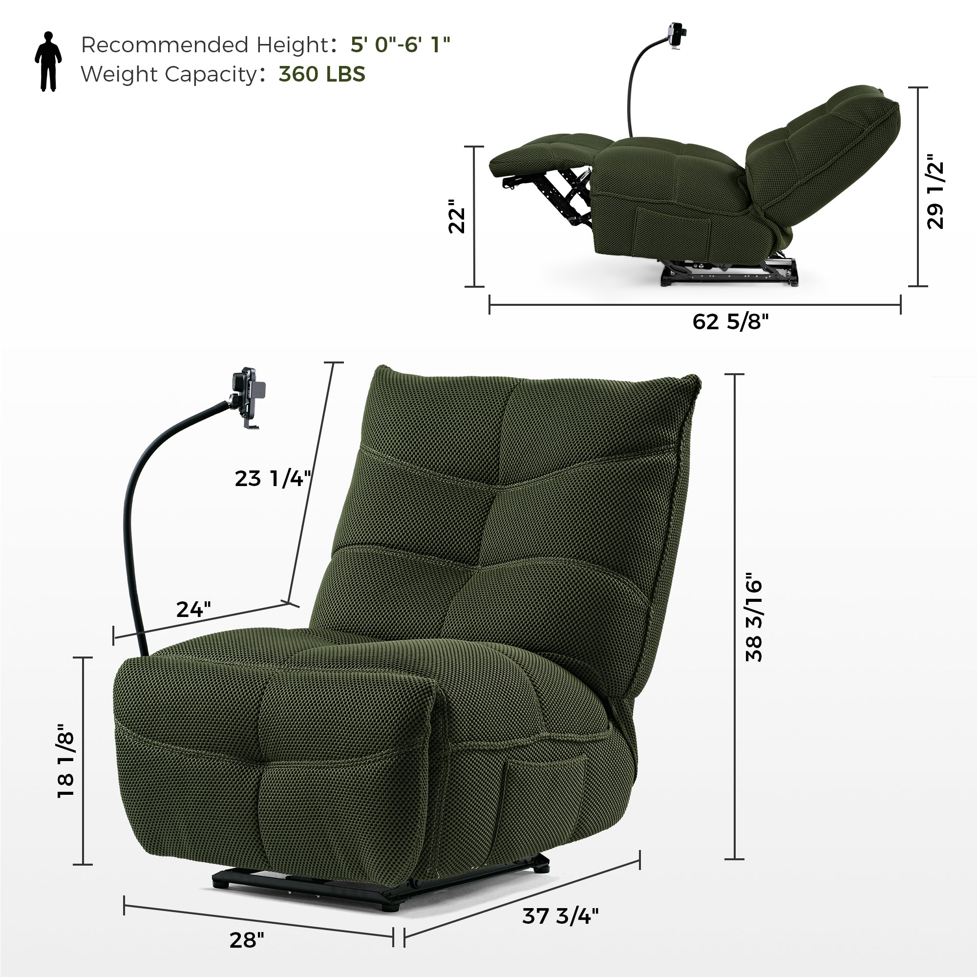 Linx Power Recliner with Wireless Charging & USB Ports - Comfortable Massage Chair for Living Room, Home Theater, and Office Relaxation