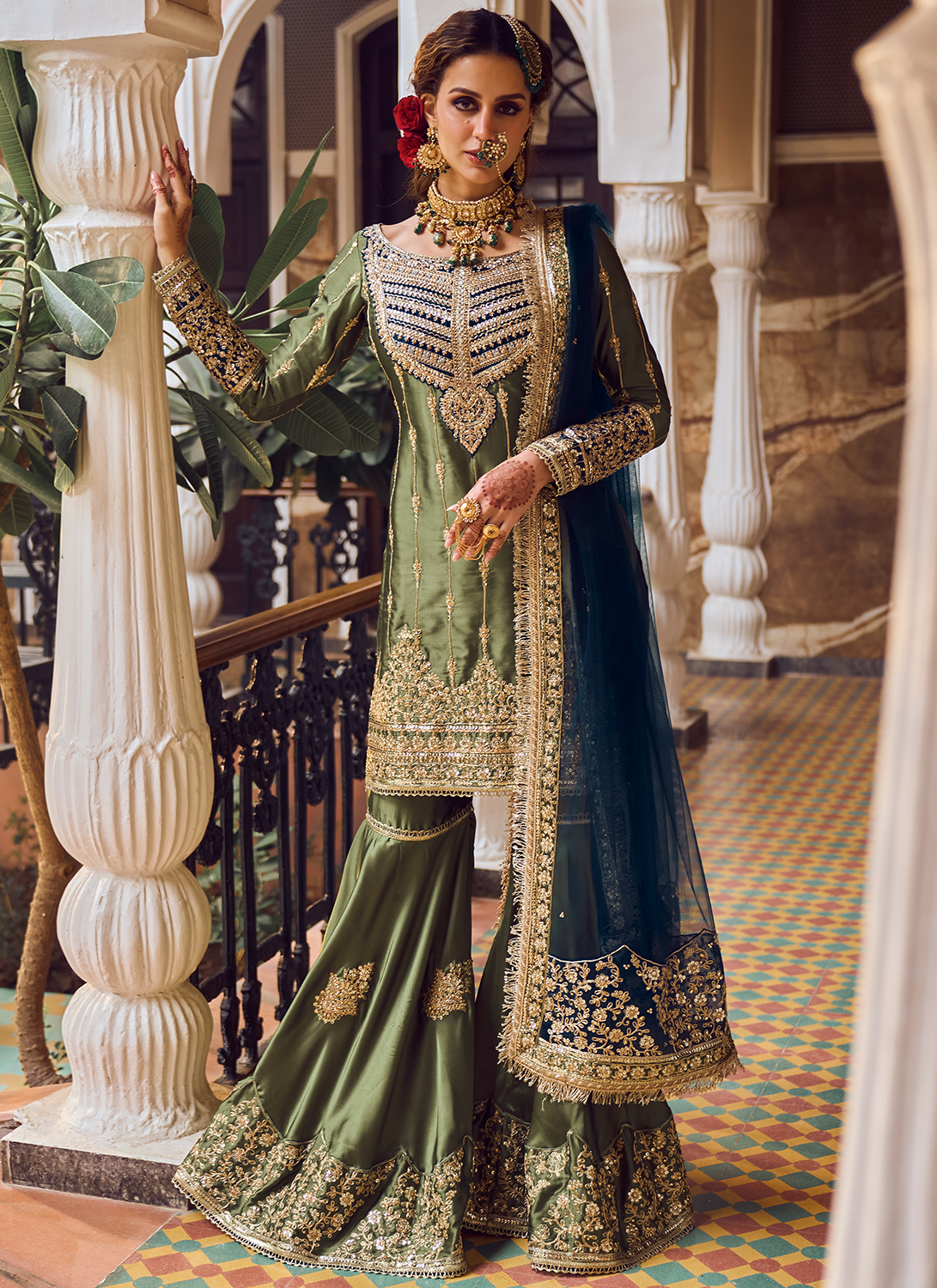 Elegant Olive Green & Blue Embroidered Gharara Suit Set | Traditional Pakistani Wedding Outfit | Perfect for Bridal, Mehndi & Festive Occasions