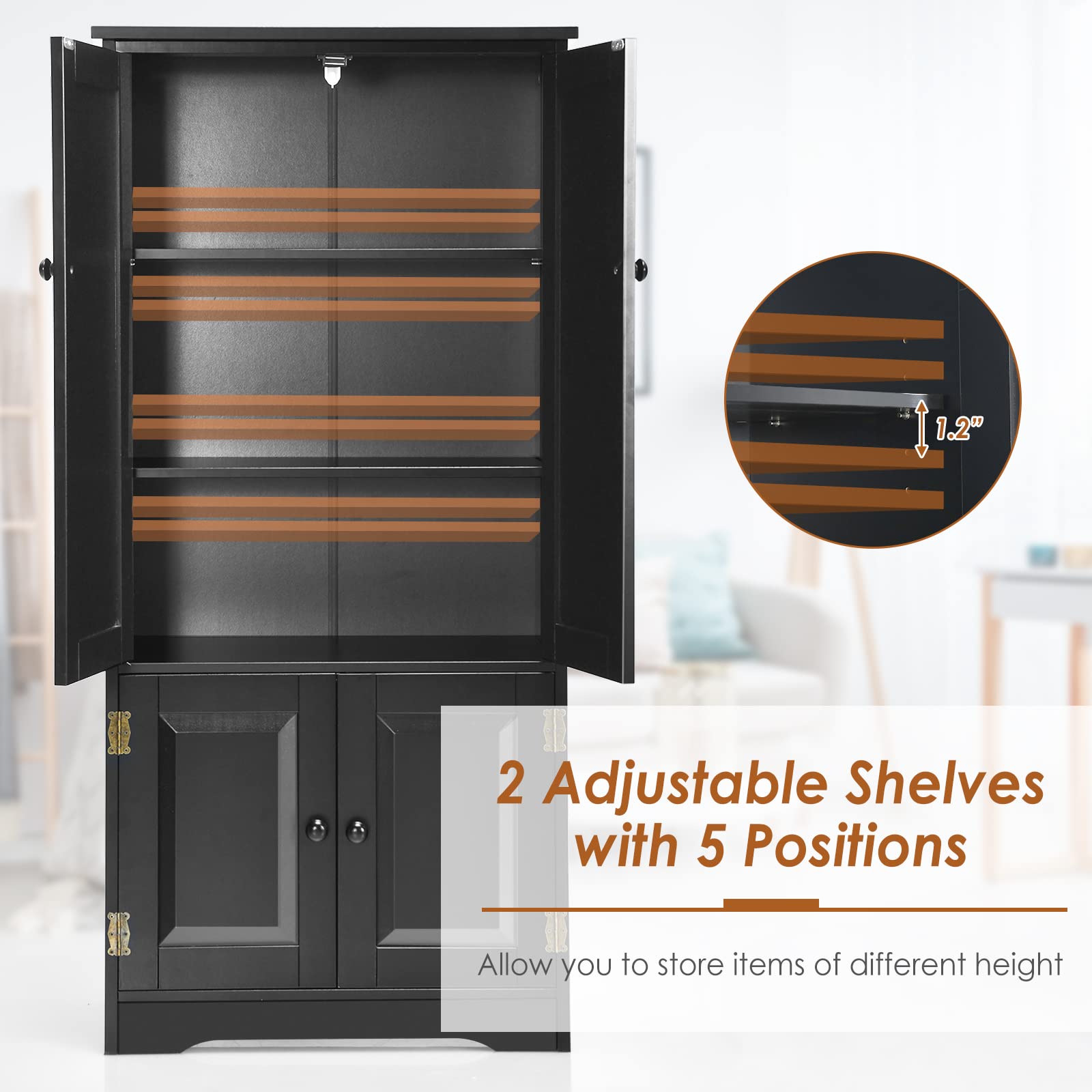 Giantex Wooden Kitchen Pantry Storage Cabinet with Adjustable Shelves & Anti-Tilt Design - Freestanding Cupboard Organizer for Living Room, Bathroom, Bedroom (Black) | Perfect for Home Organization, Small Space Storage & Closet Solutions