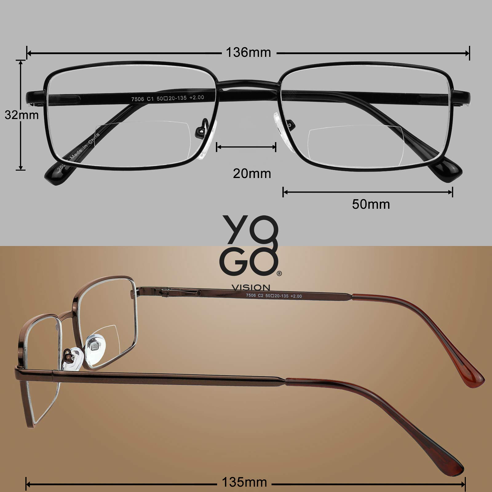 Yogo Vision Bifocal Reading Glasses 2 Pack - Metal Full Rim Rectangle Readers for Men & Women - Perfect for Reading Books, Using Smartphones & Computer Work