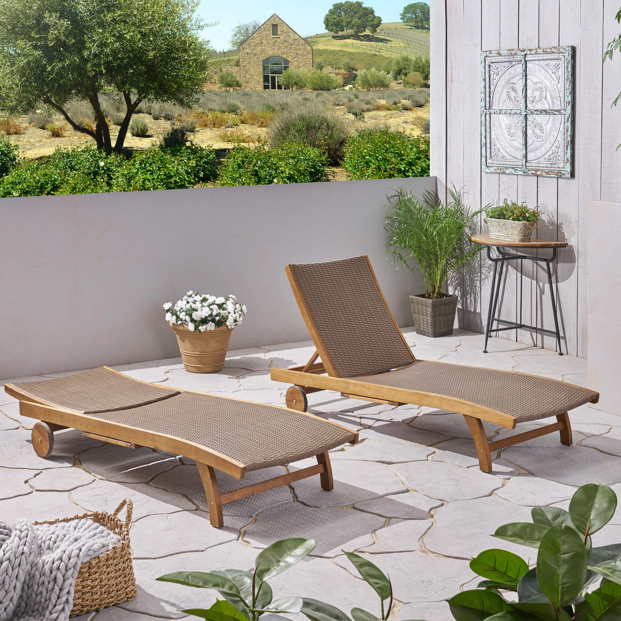 GDFStudio Outdoor Wicker and Wood Chaise Lounge Set of 2 with Pull-Out Tray - Brown Patio Furniture for Poolside, Garden, and Backyard Relaxation