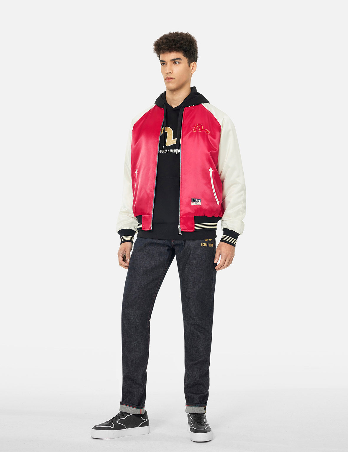 Reversible Red Jacket with Soaring Snake Embroidery & Japanese Totem Prints - Comfortable Relax Fit Souvenir for Travel, Festival, and Cultural Events