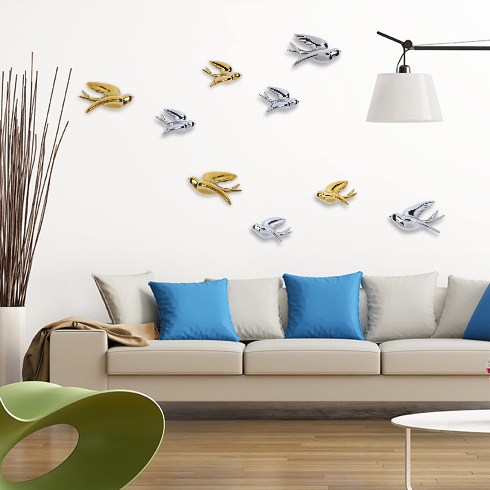 FiresGift Gold Ceramic Birds Wall Decor - Set of 2 Hanging Doves & Sparrows for Home, Kitchen, Living Room - Perfect for Farmhouse, Boho & Modern Interior Design