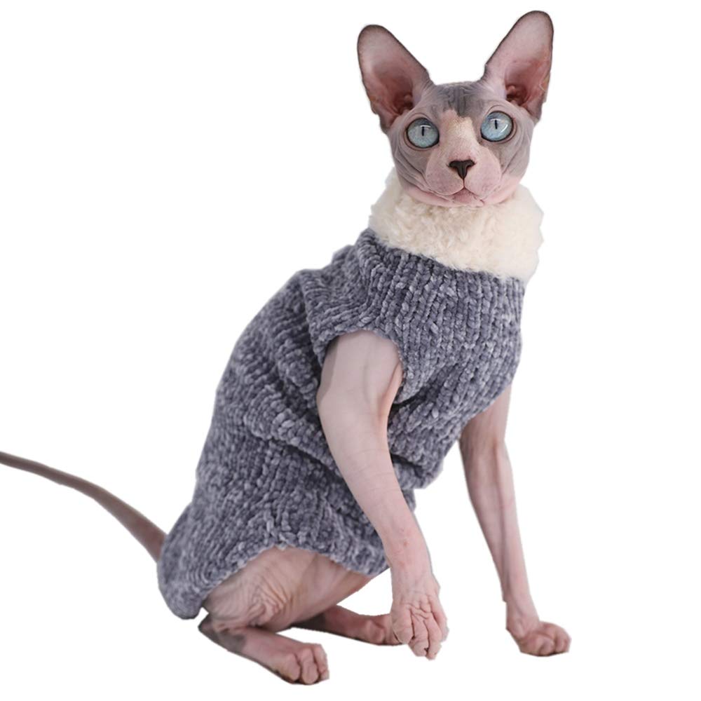 Winter Warm Faux Fur Sweater Outfit for Sphynx Cats & Small Dogs - Fashion High Collar Coat, Pajamas & Shirts for Hairless Pets (Size S, 3.3-4.4 lbs, Blue-Grey) - Perfect for Indoor Winter Wear & Stylish Pet Fashion