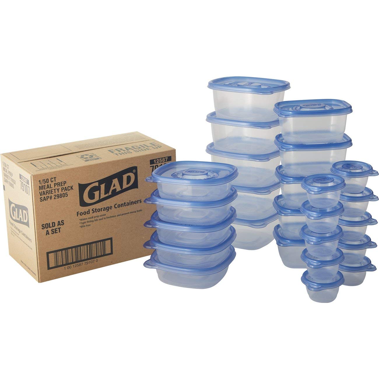 Glad Food Storage Containers - 25-Piece Variety Pack with 50 Lids - Airtight Kitchen Storage for Meal Prep, Leftovers & Organization | BPA-Free Plastic Containers for Refrigerator & Freezer