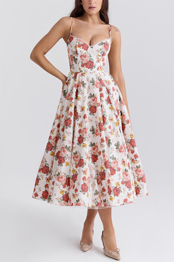 Elegant Italian Rose Print Tulle Midi Dress with Pockets - Vintage Fairy Tale Inspired Party Dress for Weddings, Date Nights & Special Occasions