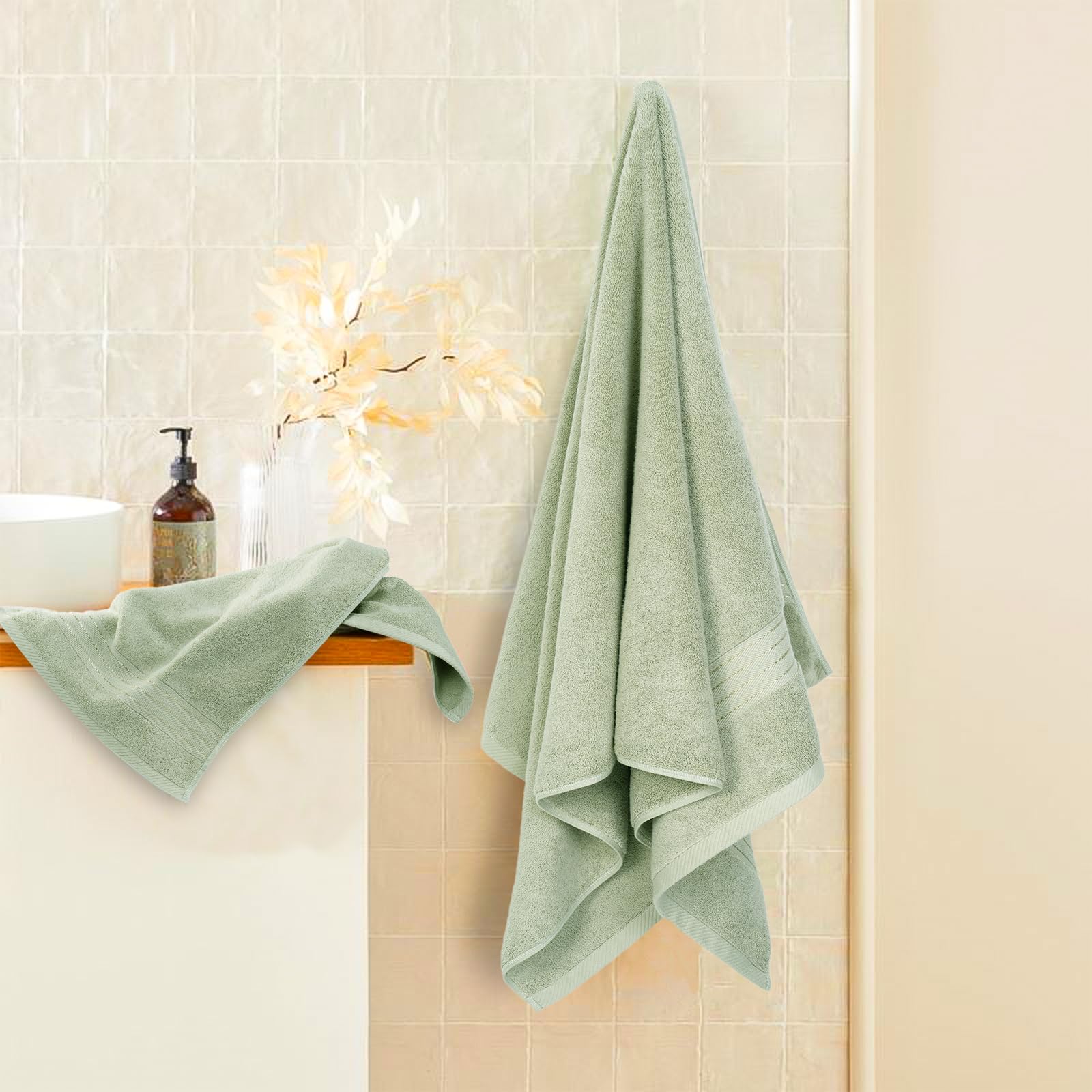 Premium 6-Piece Sage Green Bath Towel Set - 100% Turkish Cotton, Ultra Soft & Absorbent (650 GSM) - Includes 2 Bath Towels, 2 Hand Towels, 2 Washcloths - Perfect for Spa, Luxury Bathroom & Hotel Use