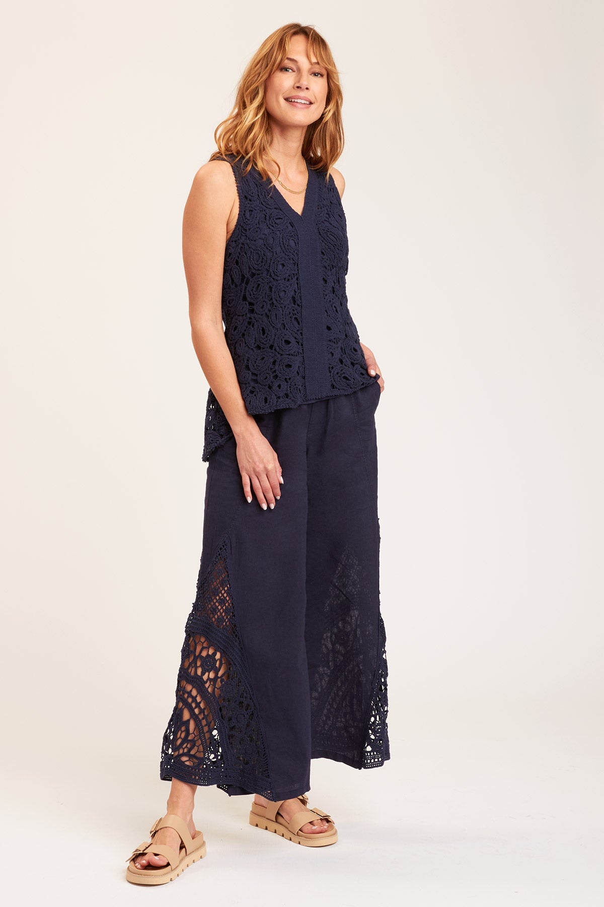 Ismay Women's Wide Leg Navy Pants - Comfortable High Waisted Trousers for Work, Office & Casual Wear