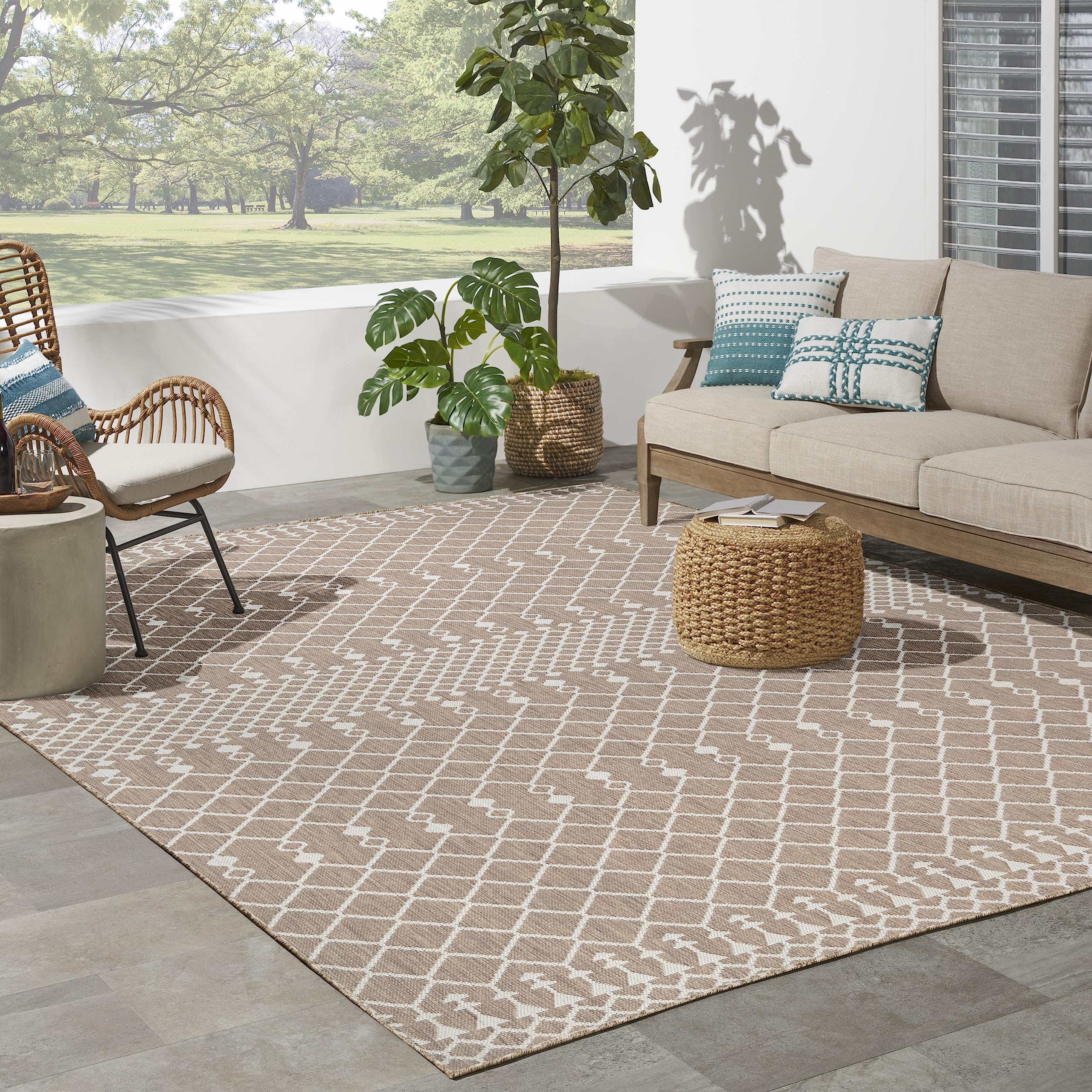 Nourison Positano Indoor/Outdoor Beige 8' x 10' Area Rug - Easy to Clean, Non-Shedding, Stain Resistant | Perfect for Bedroom, Living Room, Dining Room, Backyard, Deck & Patio (8x10) - Adds Comfort & Style to Any Space