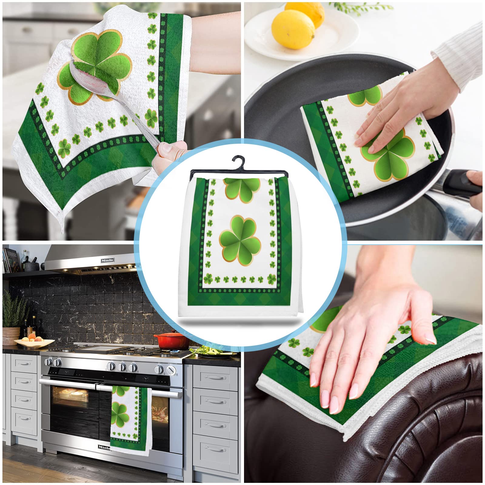 Premium Microfiber Kitchen Towels Set - 4 Pack Super Absorbent Reusable Dish Cloths (18x28 Inch) - St. Patrick's Day Green Shamrock Design for Kitchen Cleaning, Drying Dishes & Bar Use