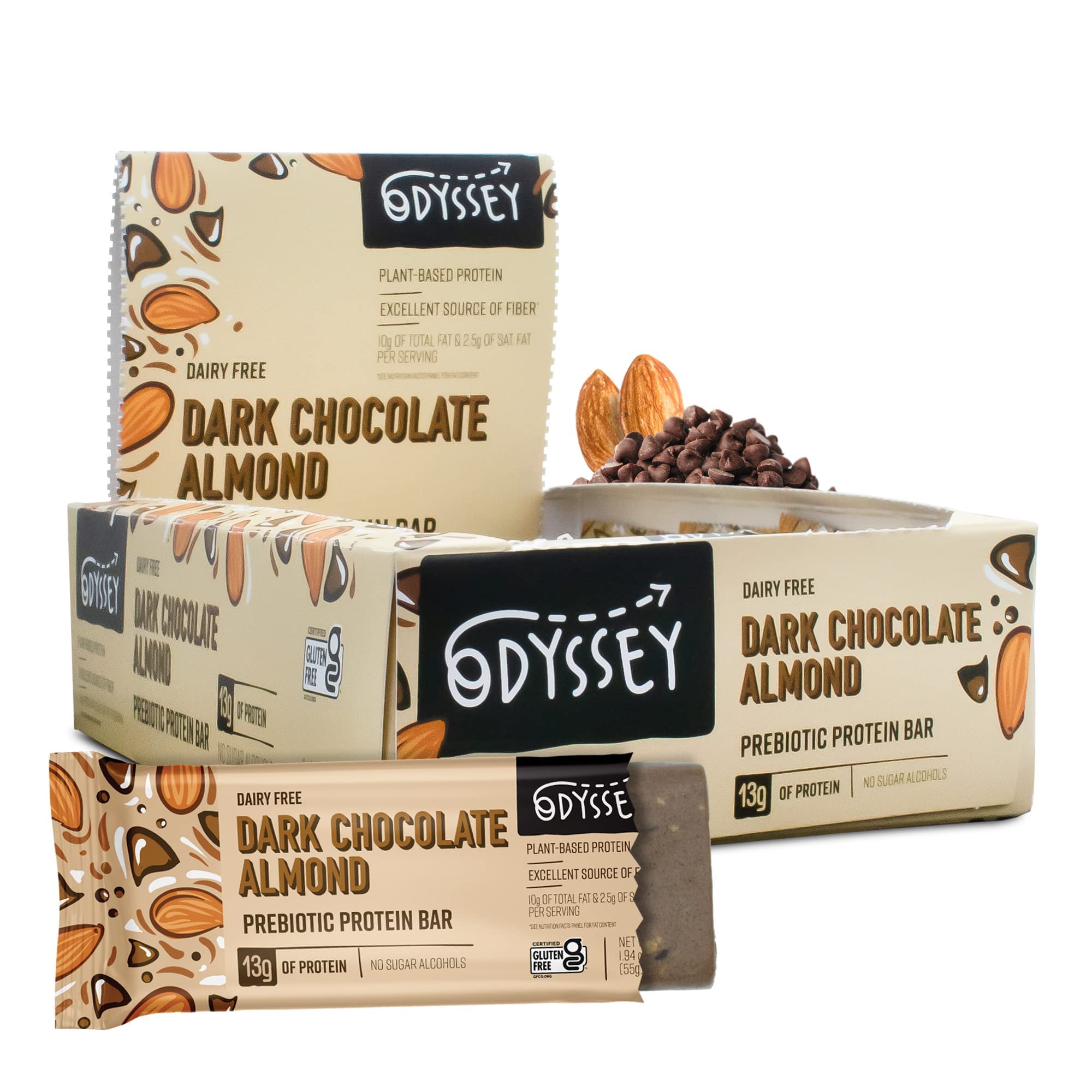 Odyssey Snacks Dark Chocolate Almond Prebiotic Protein Bars - 12 Pack | 13g Plant Protein | Gluten Free Healthy Snacks for Breakfast & On-the-Go | Superfood Energy Bars for Kids & Adults | Perfect for Workouts, Hiking & Busy Lifestyles