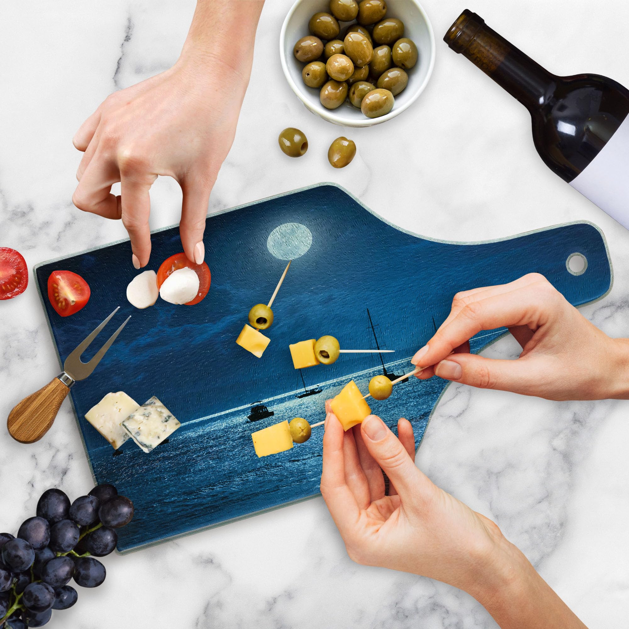 Ambesonne Ocean Themed Tempered Glass Cutting Board - Nighttime Sky with Full Moon Over Calm Maui Hawaii Ocean Scene - Wine Bottle Shaped Navy & White Serving Board - Perfect for Entertaining, Kitchen Decor & Gift Giving