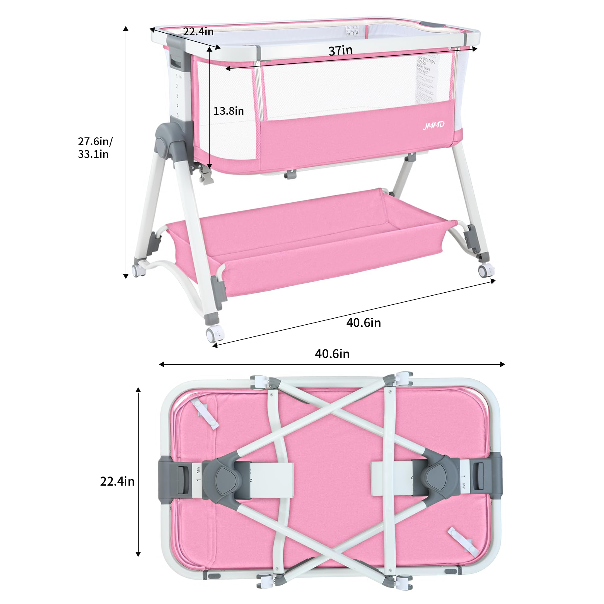 JMMD 3-in-1 Adjustable Baby Bassinet Bedside Sleeper - 6 Height Levels, Foldable & Portable Crib for Newborns & Infants (Pink) | Perfect for Nursery, Bedroom Co-Sleeping & Travel