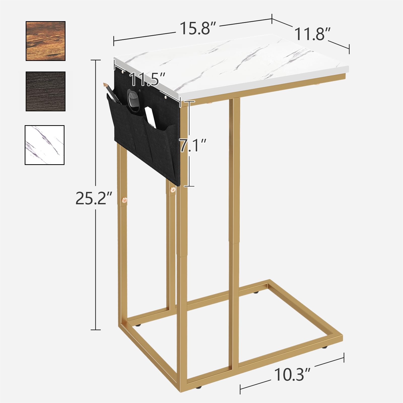 C-Shaped End Table for Couch - Small Sofa Side Table with Storage Bag - Multi-Functional TV Tray & Bedside Table - White - Perfect for Living Room, Bedroom & Snack Time