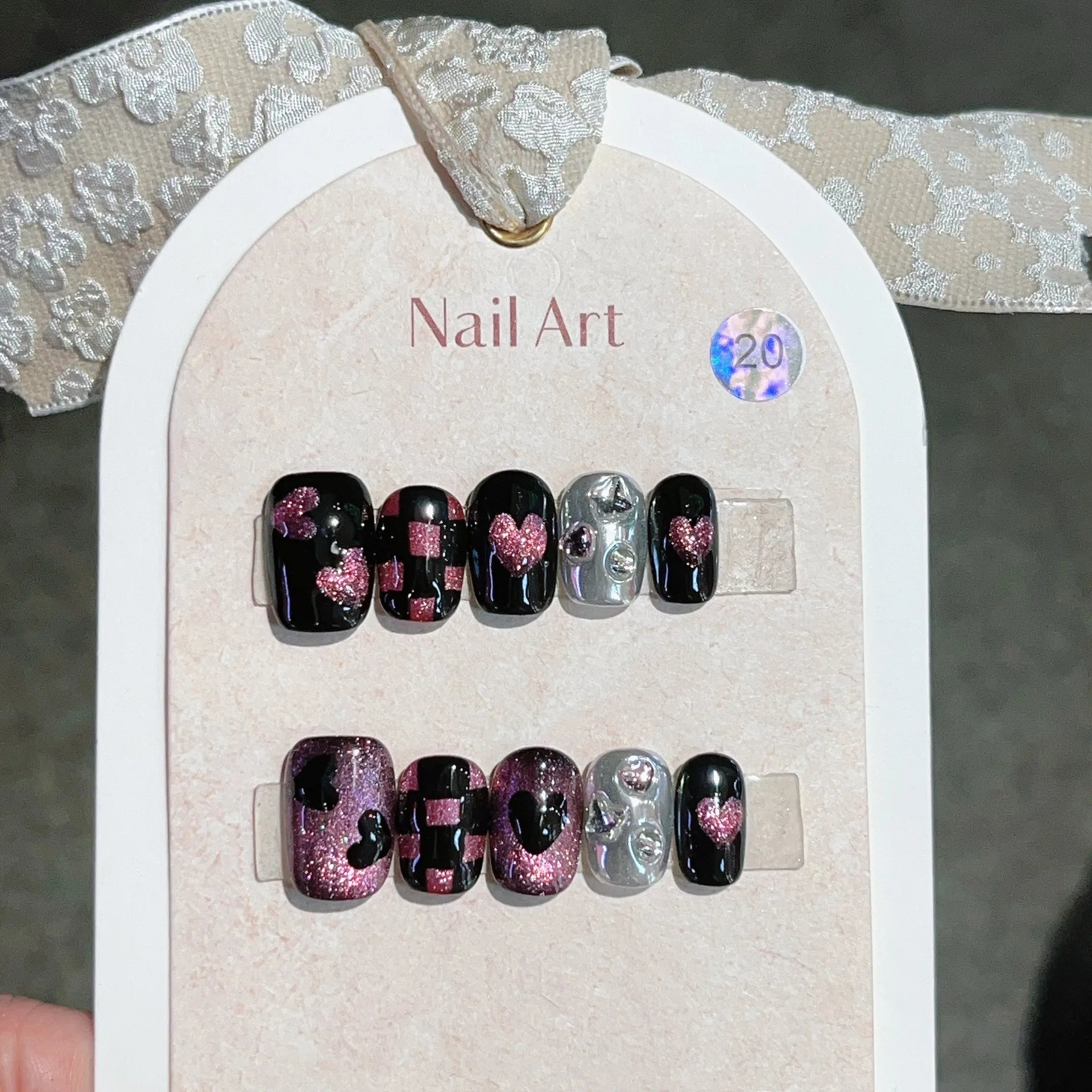 10Pcs Black Pink Cat Eye Checkered Press on Nails - Shimmery Heart Gel False Nails with Glue - Handmade Acrylic Nail Tips for Parties, Weddings & Special Occasions