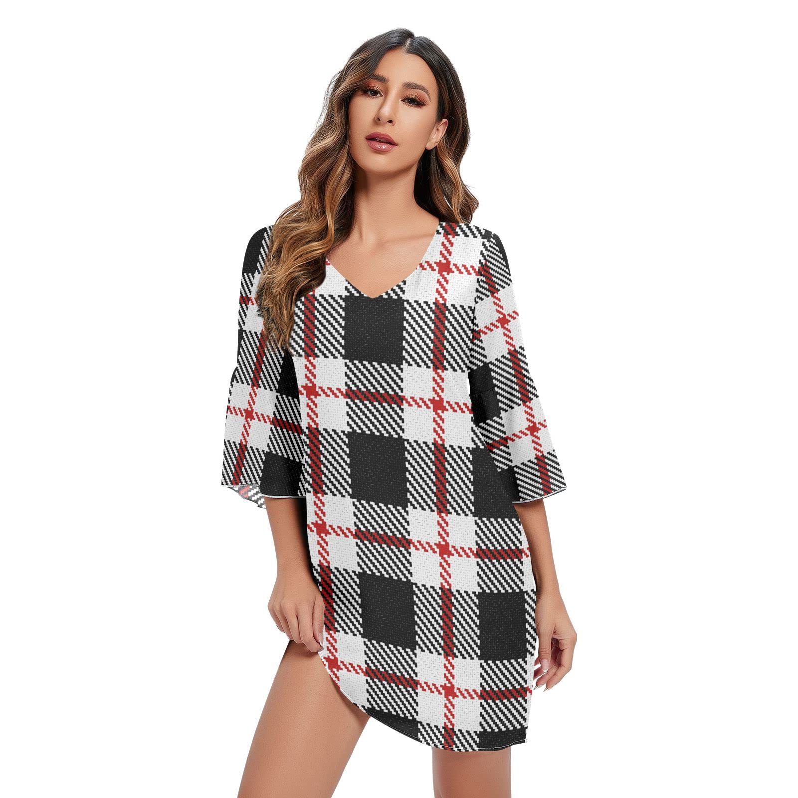 White & Black Buffalo Check Plaid Women's Short Sleeve V-Neck Ruffle Sundress - Flowy Chiffon Summer Dress Size S | Perfect for Beach Vacations, Picnics & Casual Outings
