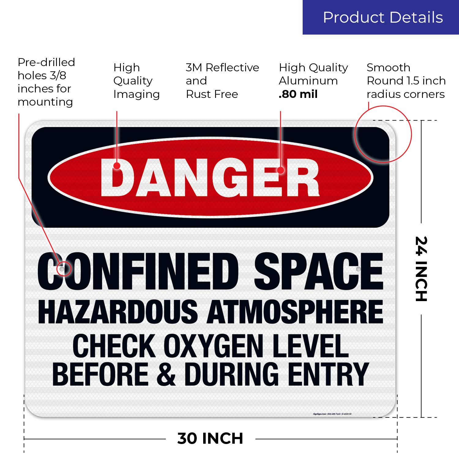 Danger Confined Space Check Oxygen Level Before & During Entry Sign - OSHA Compliant 24x30 Inches Reflective Aluminum Safety Sign - 3M EGP .080 Fade-Resistant for Indoor/Outdoor Use - Made in USA - Perfect for Construction Sites, Industrial Facilities & Hazardous Work Areas