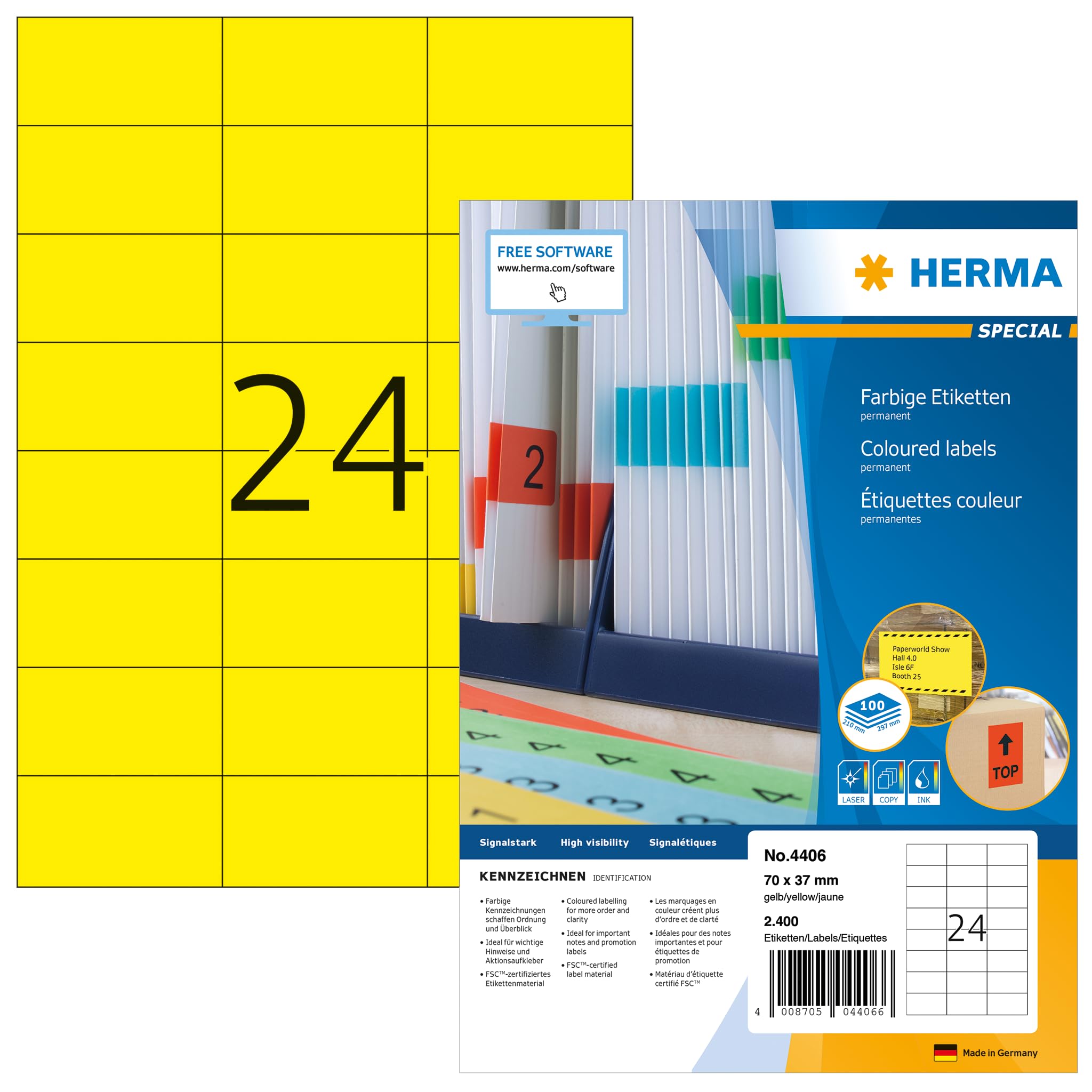 HERMA 4406 Self Adhesive Colored Labels - 2400 Blank Yellow Stickers (70x37mm), 24 Labels per A4 Sheet, 100 Sheets - Compatible with Laser & Inkjet Printers - Perfect for Office Organization, Shipping Labels & Product Packaging
