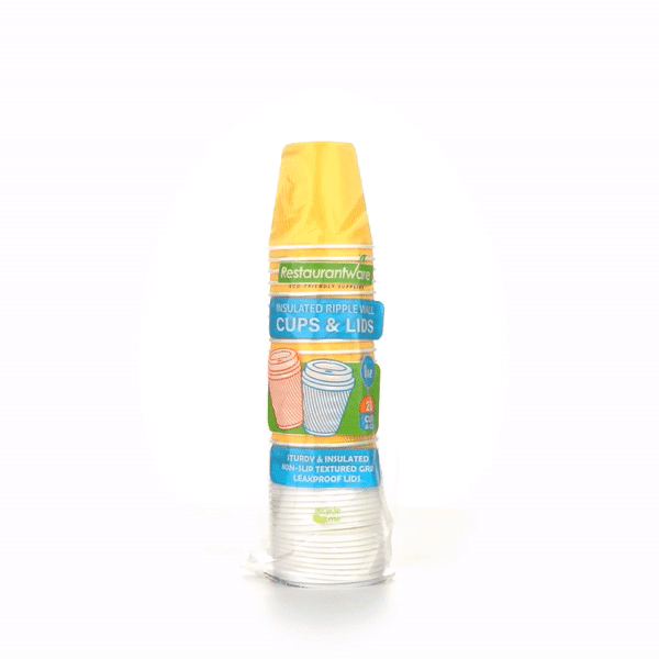 8 oz Yellow Ripple Wall Paper Coffee Cups with White Lids - 3.5