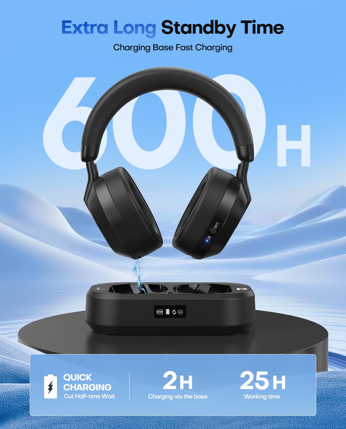 Wireless TV Headphones with LED Display & Bluetooth 5.3 - No Lip Sync Delay, Plug & Play - Includes Charging Base & Transmitter - Perfect for Seniors & Home Theater (Black) - Ideal for Late-Night Viewing & Hearing Assistance