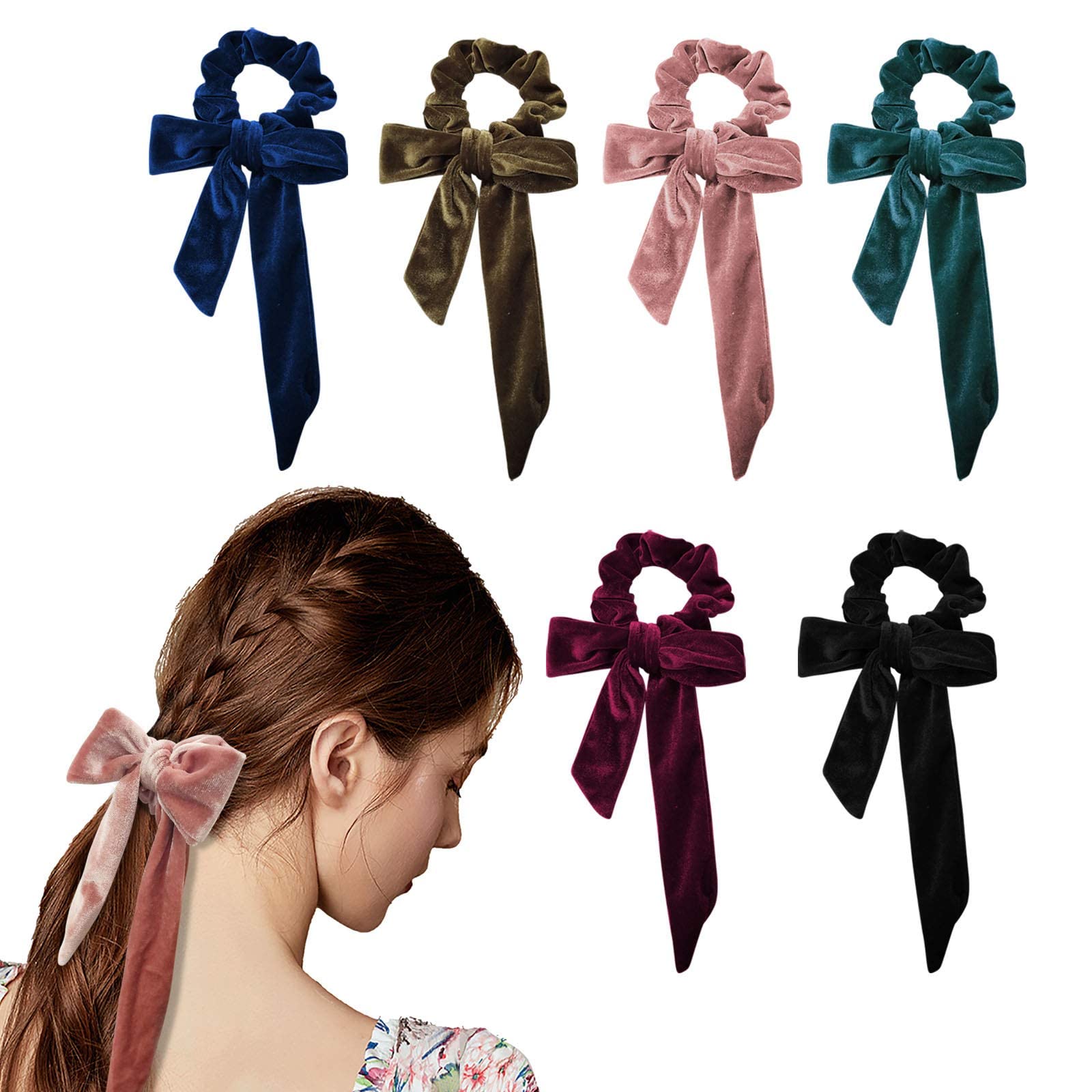 6 Pack Velvet Hair Scrunchies with Bowknot - Soft Elastic Hair Ties for Women & Girls, 6 Assorted Colors - Perfect for School, Work, Gym and Everyday Hair Accessories