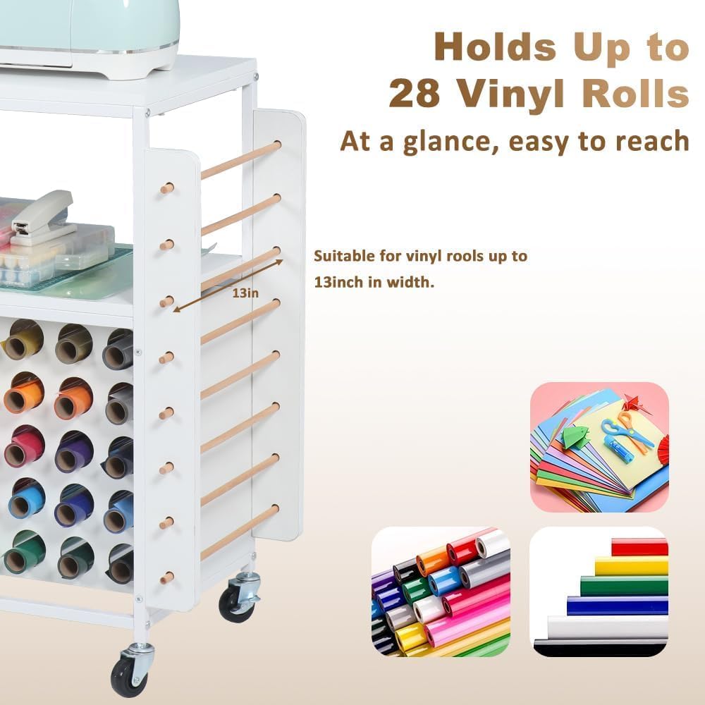 LUCKUP Craft Storage Rolling Cart for Cricut Machines - 28 Vinyl Roll Holders, 5 Drawers & Heat Press Stand - Mobile Craft Organization Cabinet with Hooks - Perfect for DIY Projects, Scrapbooking & Home Craft Room Organization