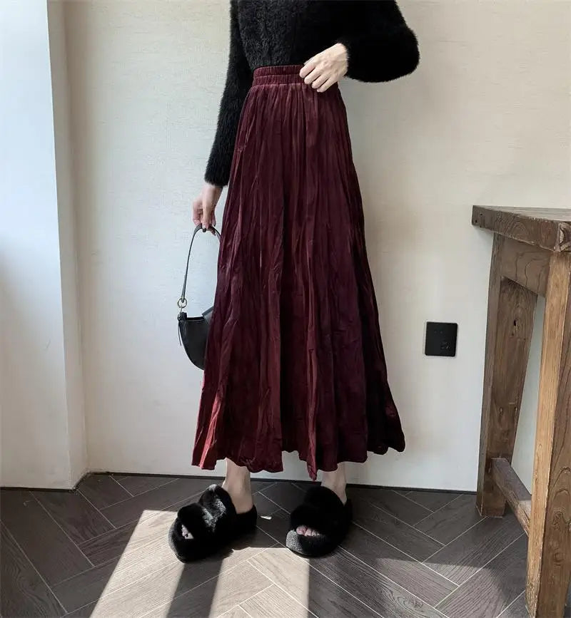 Women's High Waist Velvet Pleated Long Skirt - Black, Red & Brown Korean Style Elastic Waistband for Autumn Winter | Elegant Party, Vacation & Office Wear