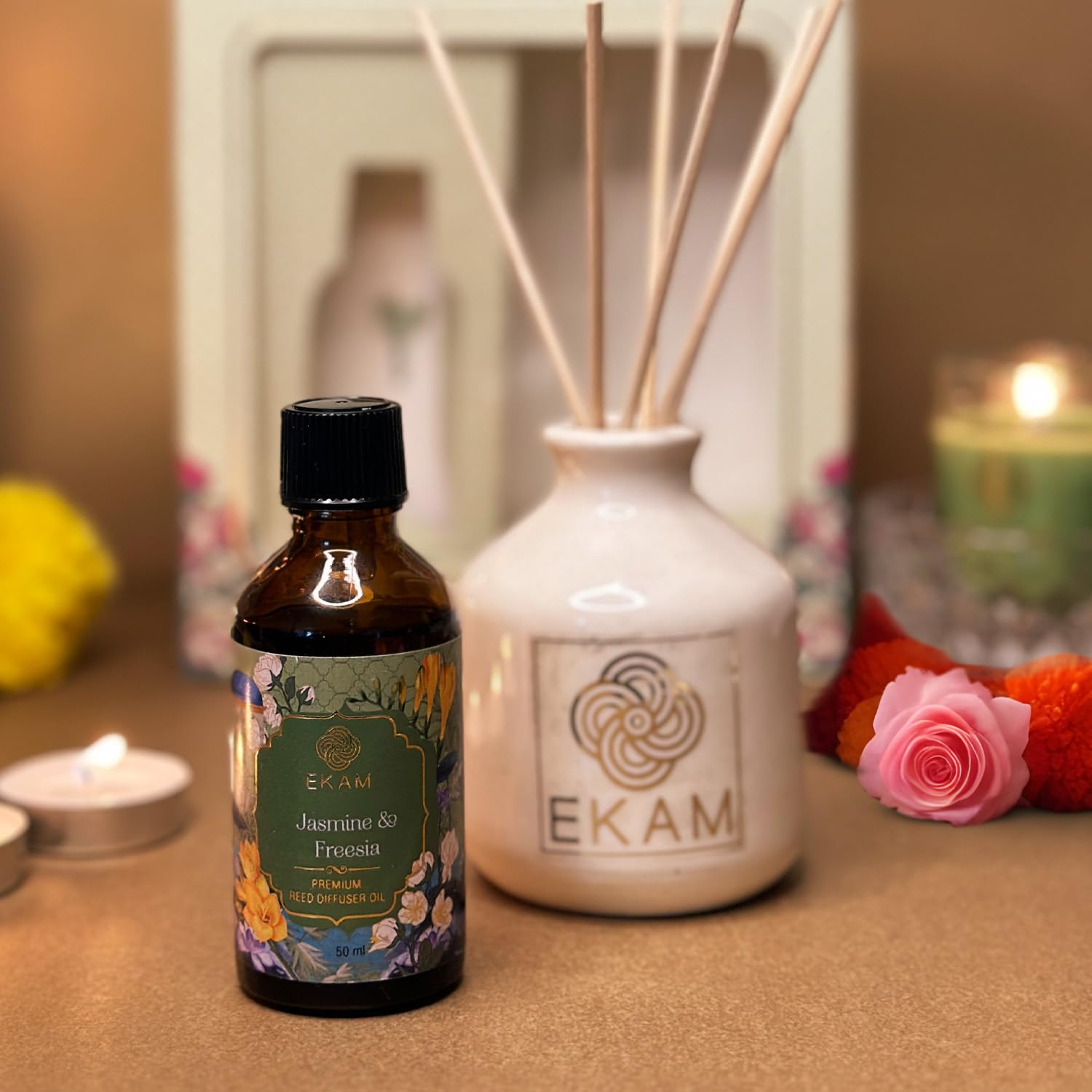 EKAM 50ml Reed Diffuser Set - Jasmine & Freesia Scented Oil with 8 Rattan Sticks | Long-Lasting Home Fragrance for Bedroom, Living Room, Office | Perfect for Relaxation, Aromatherapy & Holiday Gifting