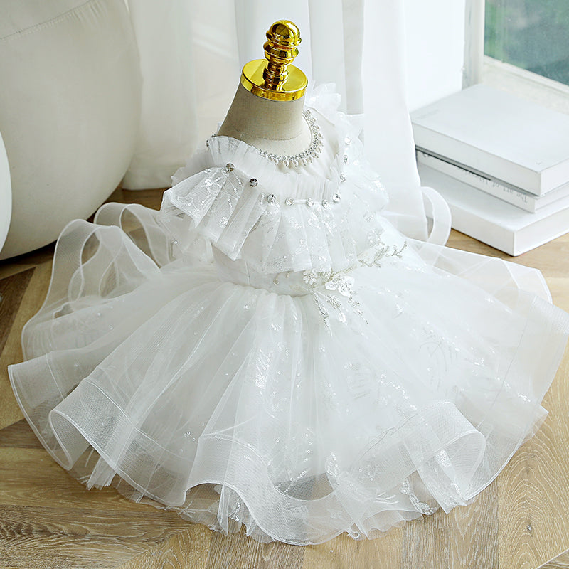 Baby Girl Baptism Dress - White Puffer Christening Gown with Flower Bead Collar | Toddler Princess Dress for Church, First Communion & Special Occasions