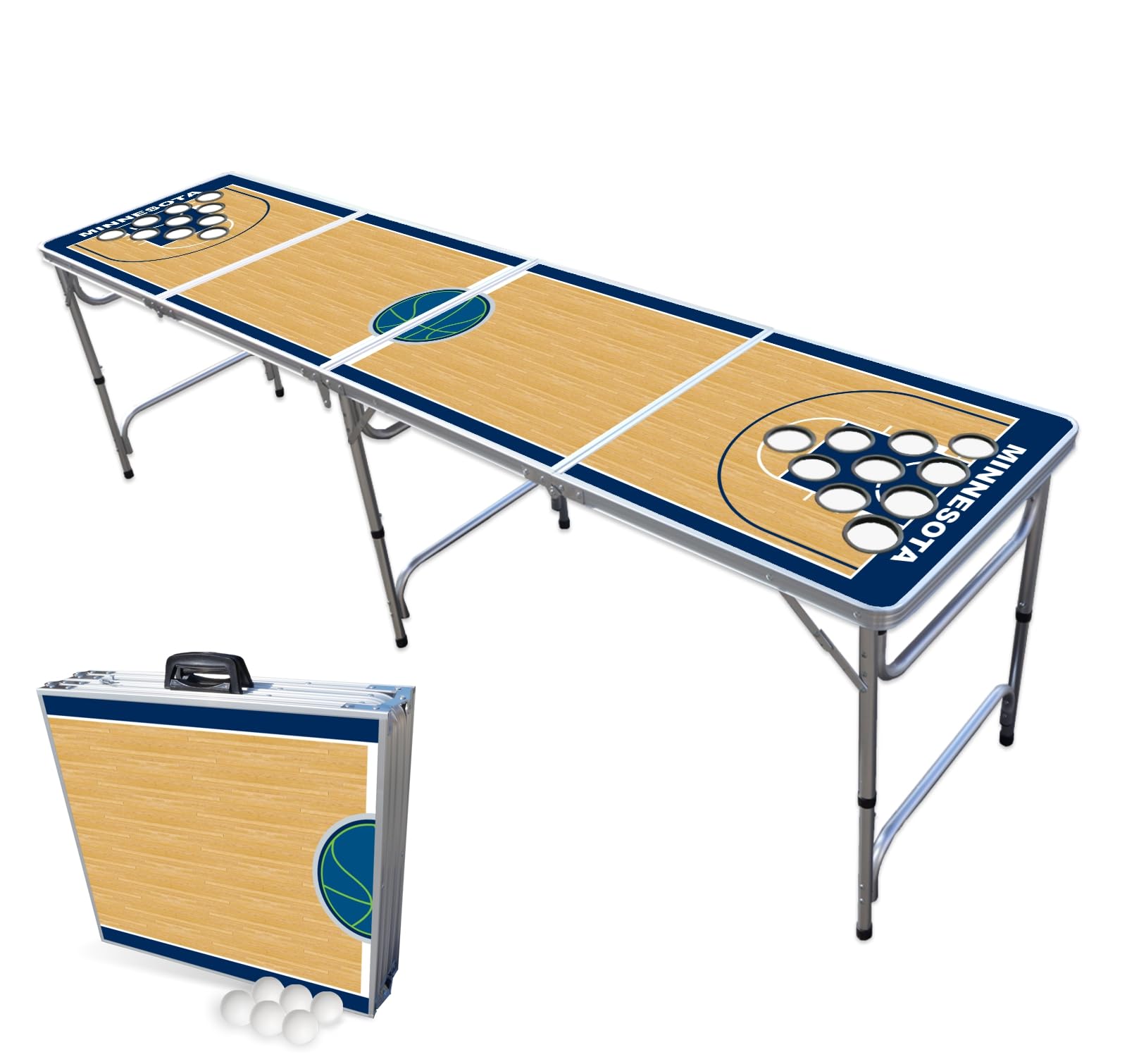 8-Foot Folding Portable Beer Pong Table with LED Lights & Optional Cup Holders - Minnesota Basketball Court Design - Perfect for Parties, Tailgates & Backyard Games (Choose Your Model)
