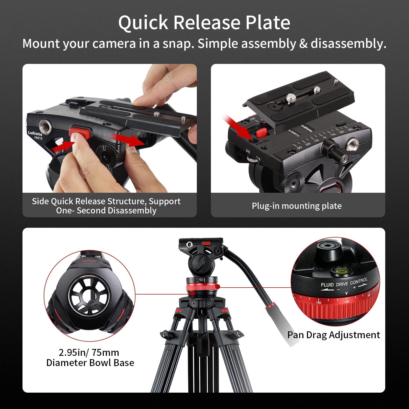 TA155H Heavy Duty Aluminum Video Tripod - 61'' Professional DSLR & Camcorder Tripod with Fluid Head, 33lbs Load Capacity, 360° Pan, 75mm Bowl, Adjustable Tilt +90°/-75° - Perfect for Filmmaking, Vlogging & Photography