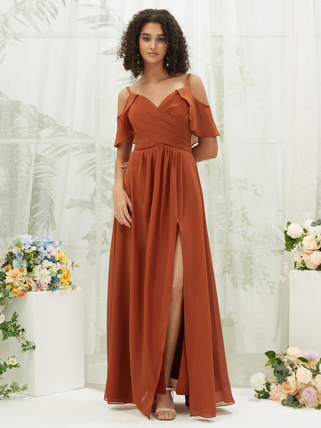 Elegant Burnt Orange Chiffon Ruffle Cold Shoulder Sweetheart Bridesmaid Dress - Perfect for Weddings, Formal Events & Special Occasions