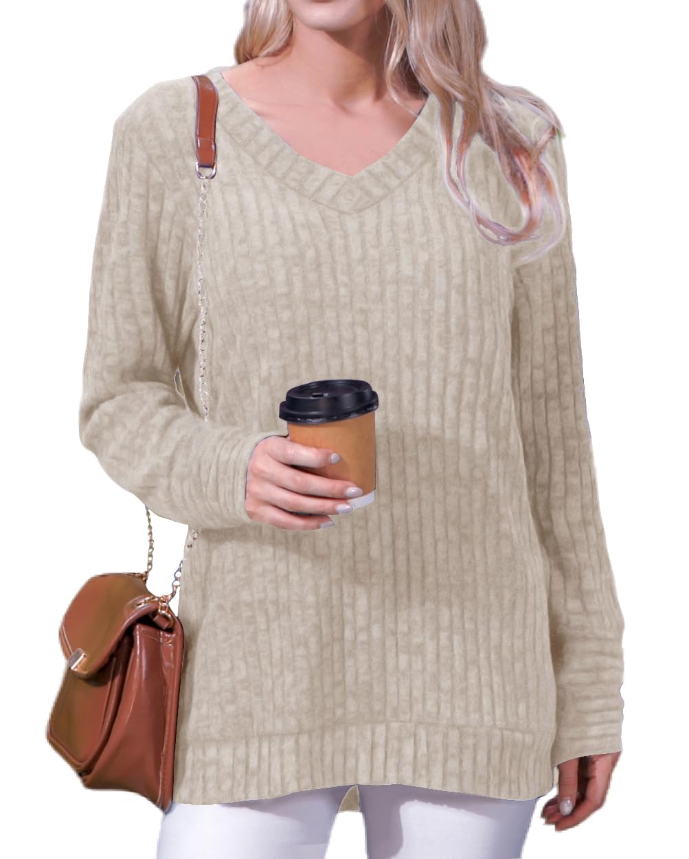 Xpenyo Women's V Neck Long Sleeve Tunic Sweatshirt - Casual Loose Fit for Work & Outings
