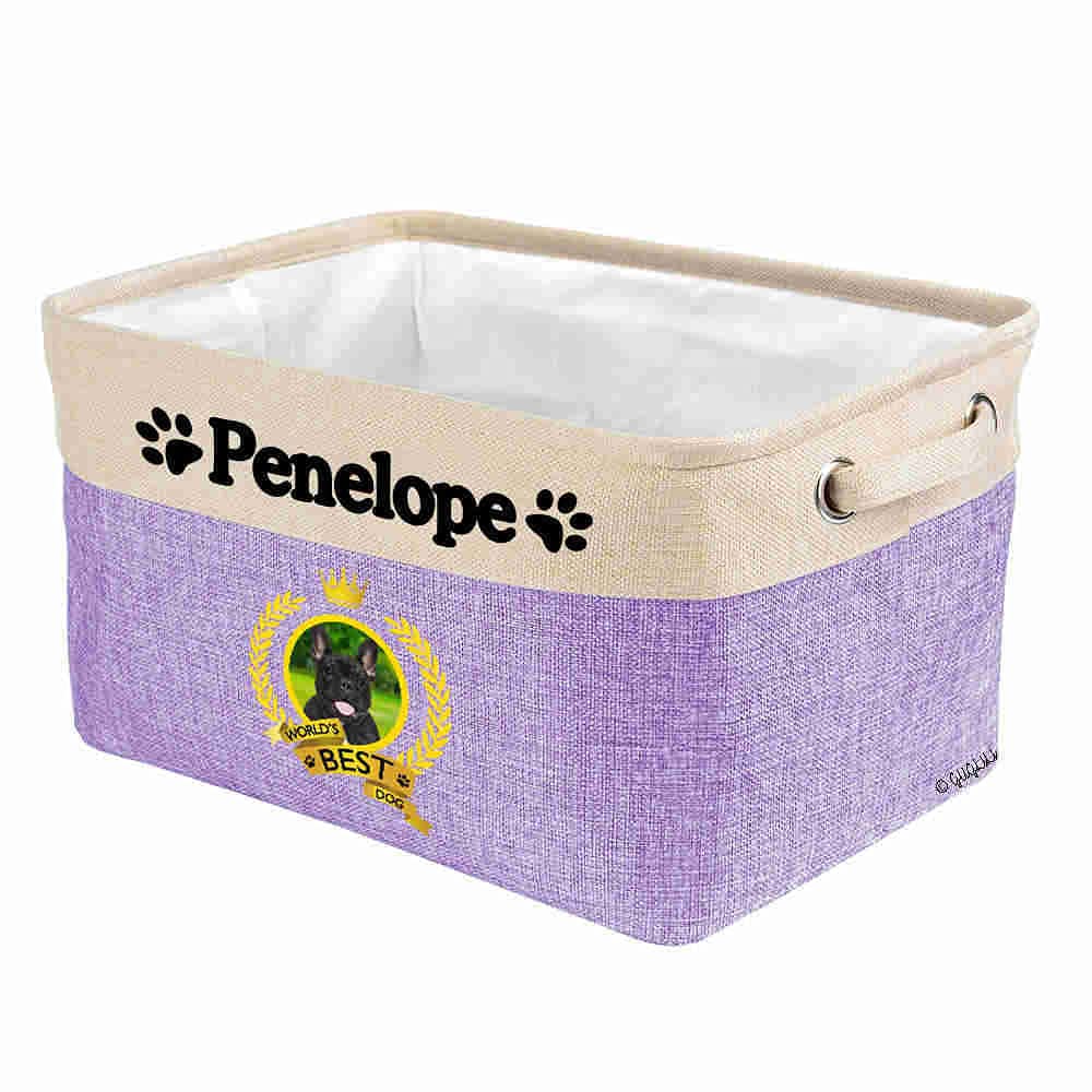 Custom Name Collapsible Dog Toy Storage Basket - Foldable Pet Toy Organizer Bin with Handles for French Bulldog, Cat & Small Pets | Perfect for Bedroom, Closet & Home Organization (Purple)