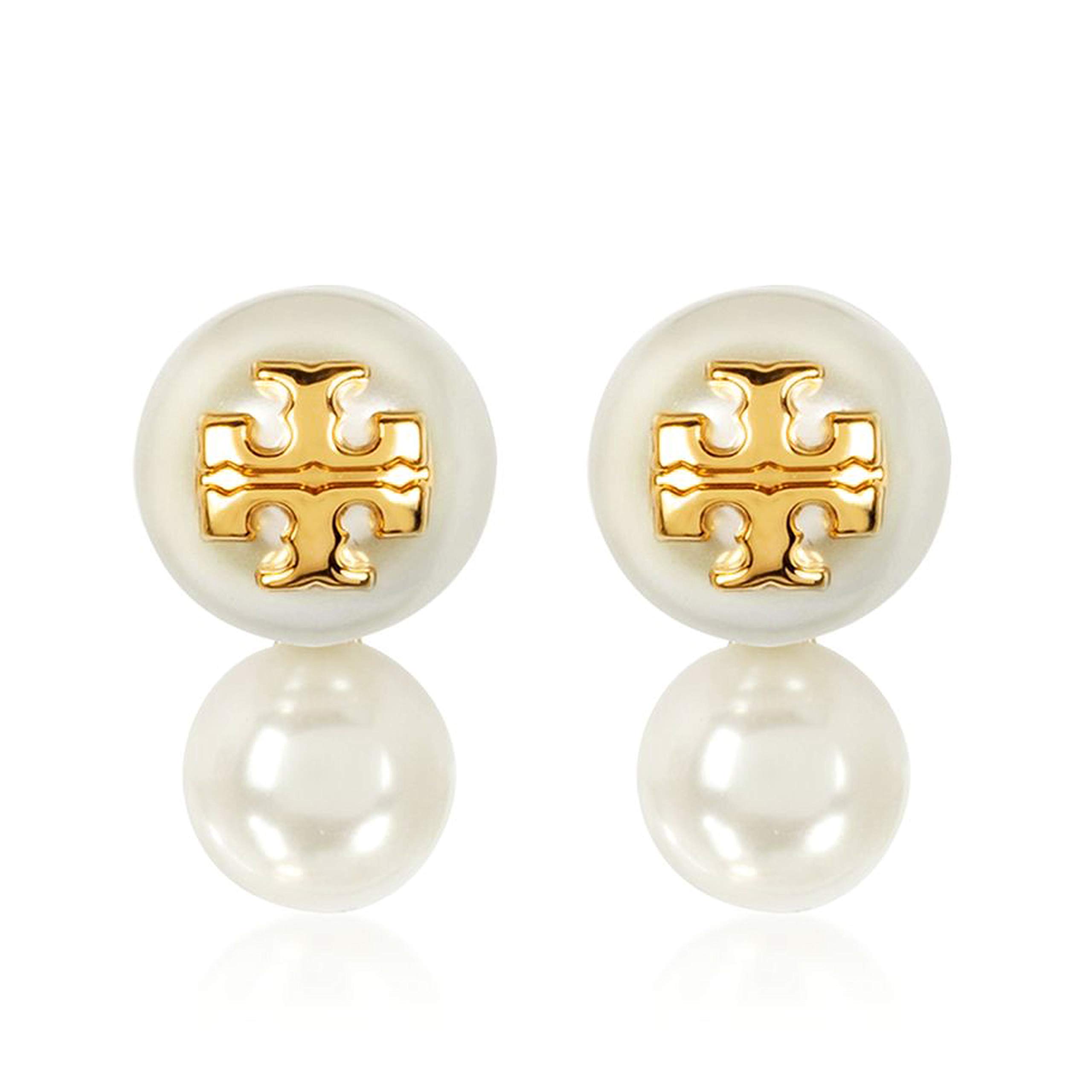 Tory Burch Pearl Double Stud Earrings for Women - Elegant Gold-Tone Pearl Stud Earrings for Everyday Wear & Special Occasions