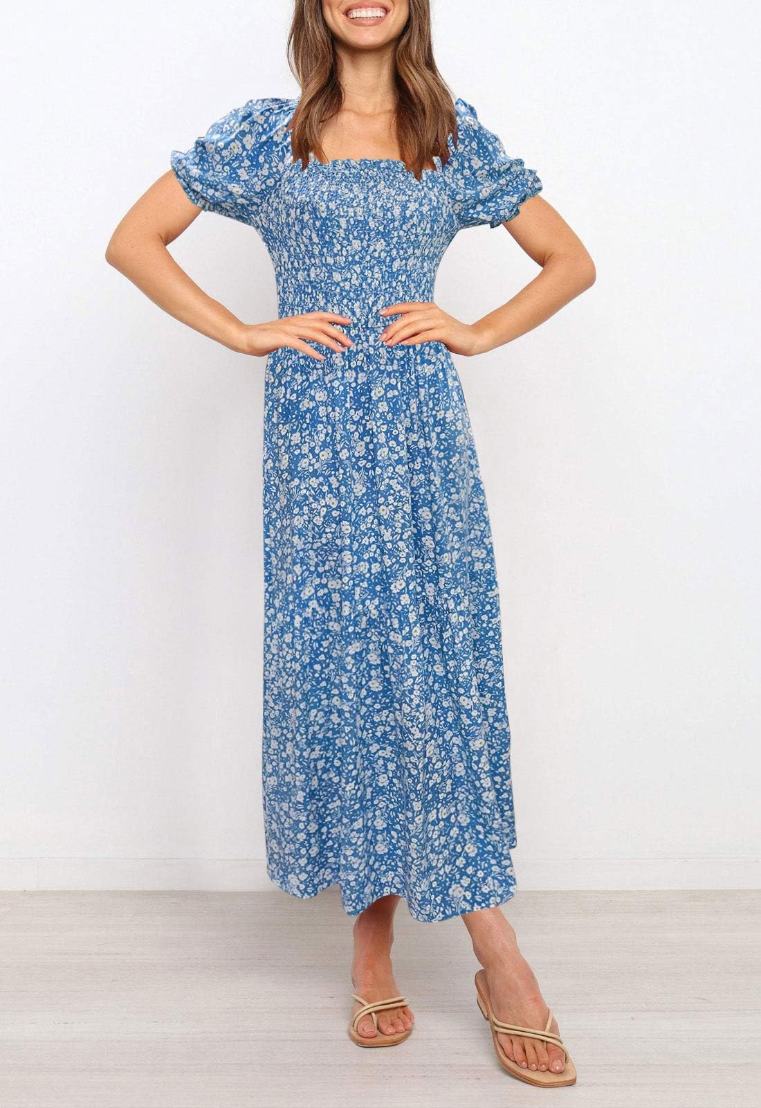 ZESICA Women's Summer 2025 Boho Floral Print Square Neck Ruffle Swing Beach Maxi Dress - Perfect for Vacations, Weddings & Boho Chic Outfits