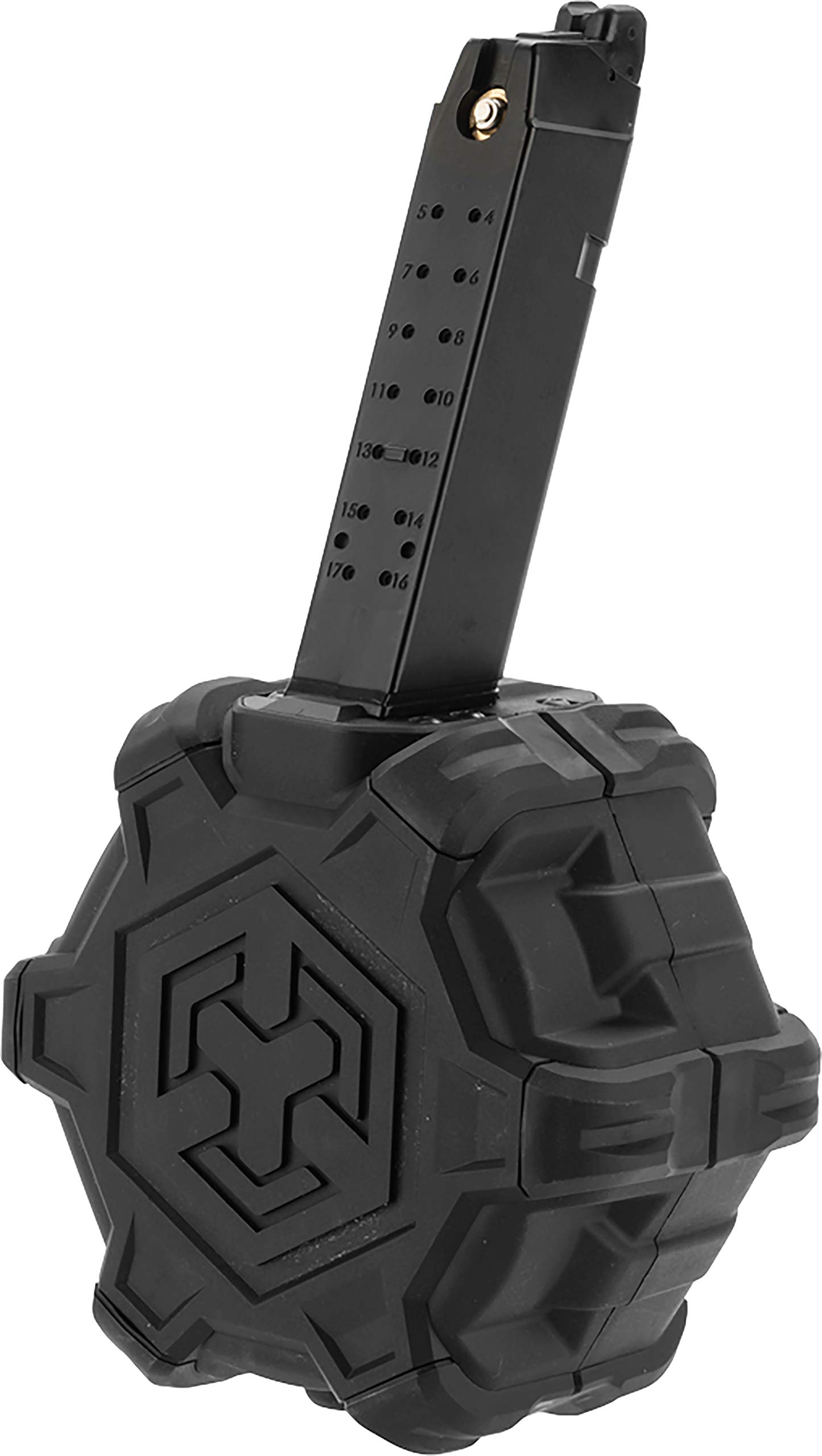 AW Custom Drum Airsoft Magazine for Gas Blowback Pistols & Rifles - Compatible with SAI BLU/Elite Force G Models (Black) - High-Capacity Airsoft Accessory for Tactical Games & Training