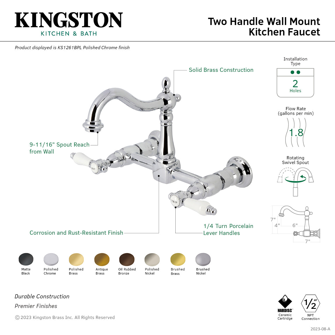 Bel Air KS1261BPL Double Handle 2 Hole Wall Mount Bridge Kitchen Faucet in Polished Chrome - Perfect for Farmhouse, Vintage, and Industrial Style Kitchens