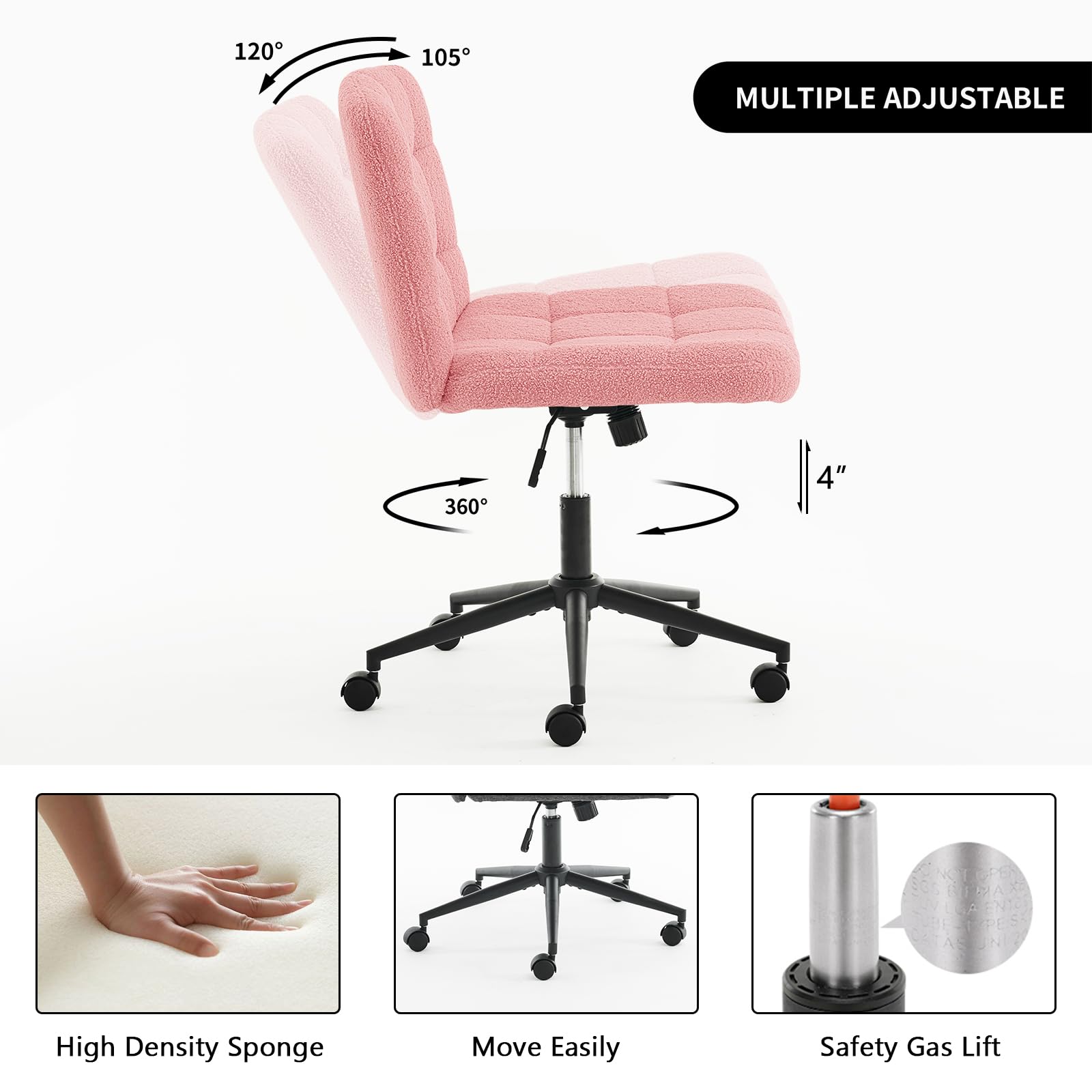 Furnimart Swivel Criss Cross Legged Office Chair with Wheels - Adjustable Height Armless Desk Chair with Comfy Seat, Faux Fur Pink - Perfect for Home Office, Vanity, Bedroom & Small Spaces