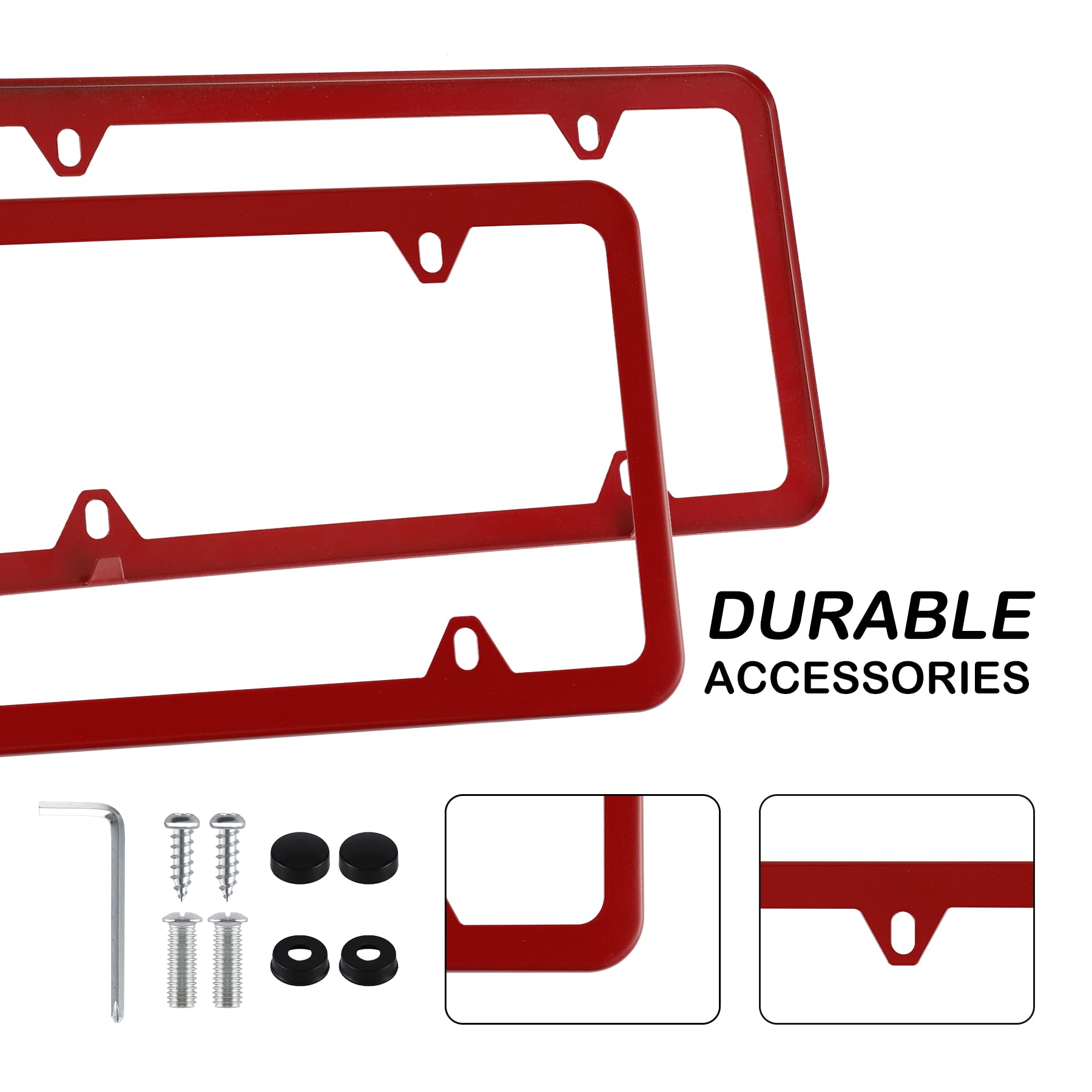 Premium 2-Pack Stainless Steel License Plate Frames for US Vehicles - 4 Hole Design with Included Screws, Washers & Caps - Durable Car Exterior Accessories (Red) - Perfect for Customization & Vehicle Protection in All Weather Conditions
