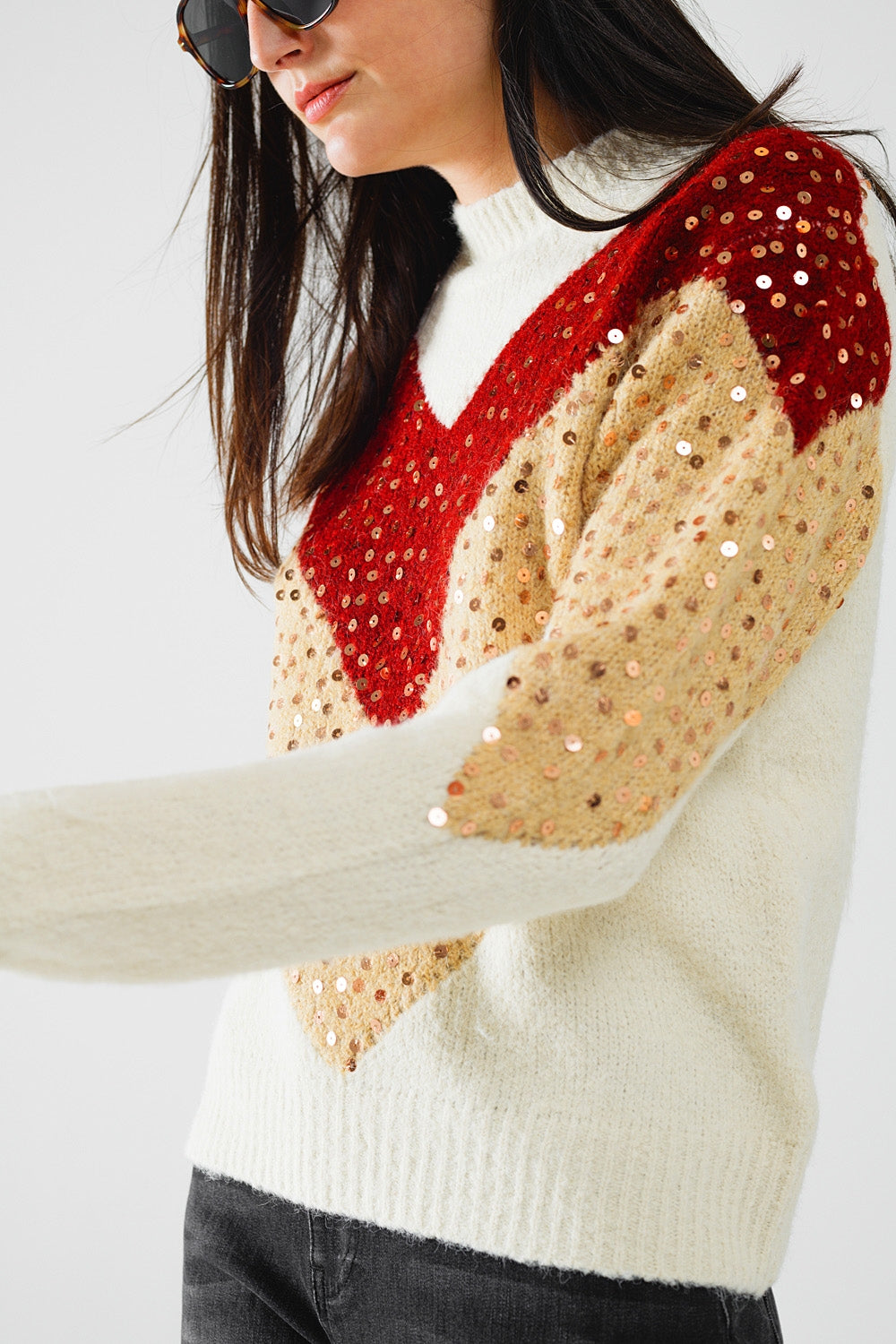 Color Block Bordeaux & Beige Knit Pullover Sweater with Sparkle Embellishments | Women's Fashion Winter Wear for Office & Holiday Parties