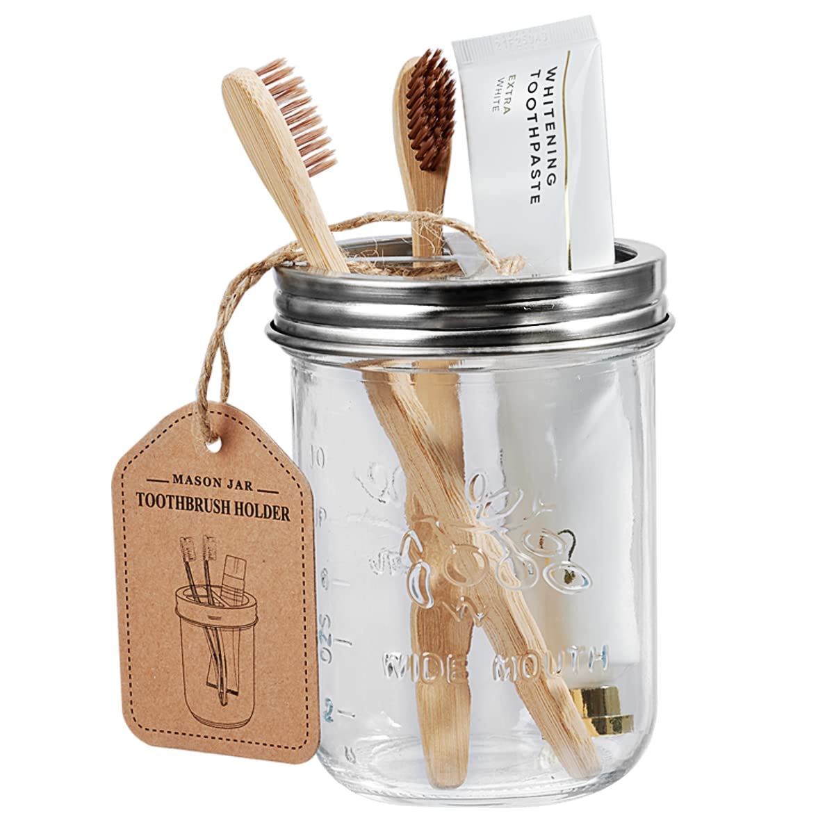 Amolliar 4-Piece Mason Jar Bathroom Accessories Set - Rustic Farmhouse Soap Dispenser, Q-Tip Holder, Toothbrush Organizer - Brushed Nickel Vanity Decor for Countertop Organization | Perfect for Farmhouse, Apothecary & Modern Bathroom Styles