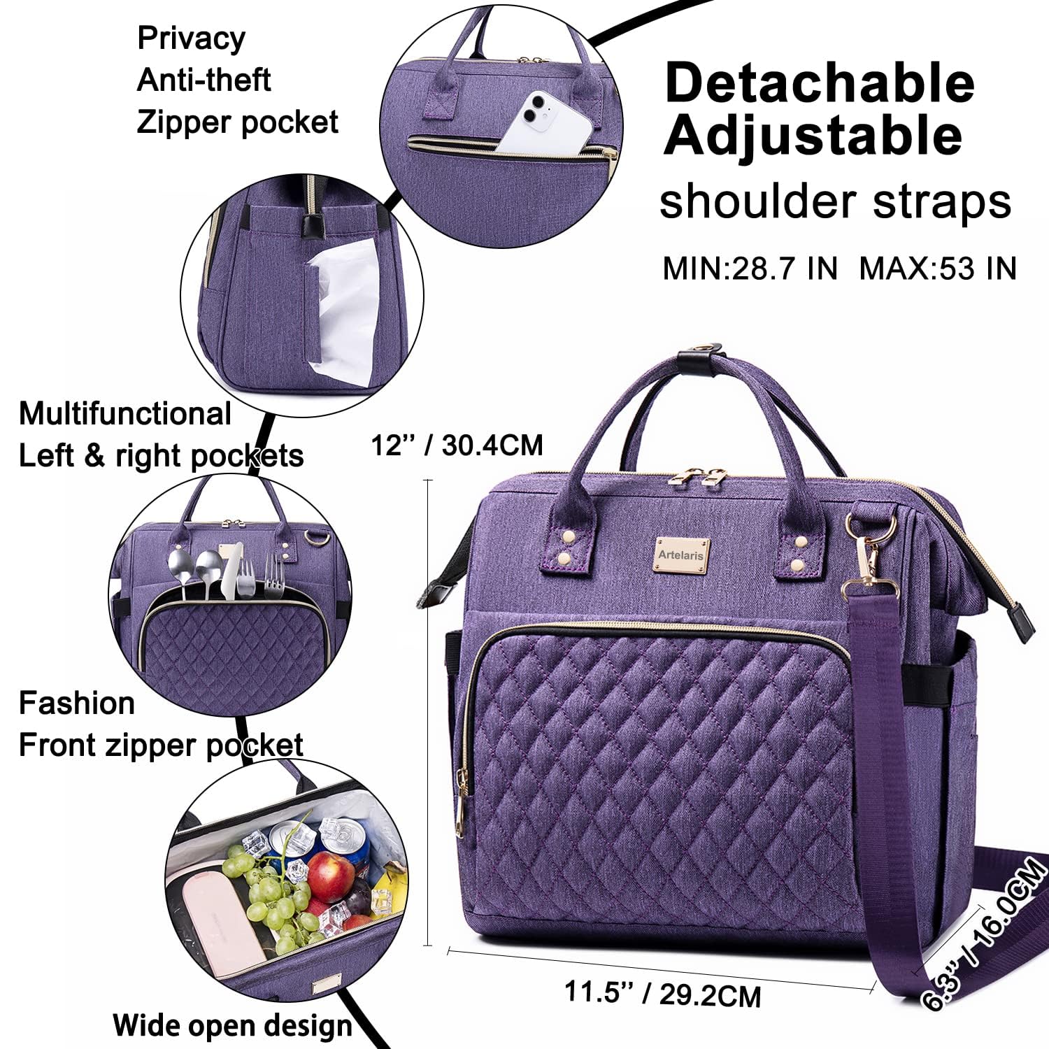 Artelaris Insulated Lunch Bag for Women - Large Leakproof Cooler Tote for Work, Office & School - Reusable Lunch Box & Purse in Purple - Perfect for Meal Prep, Picnics & Daily Commute