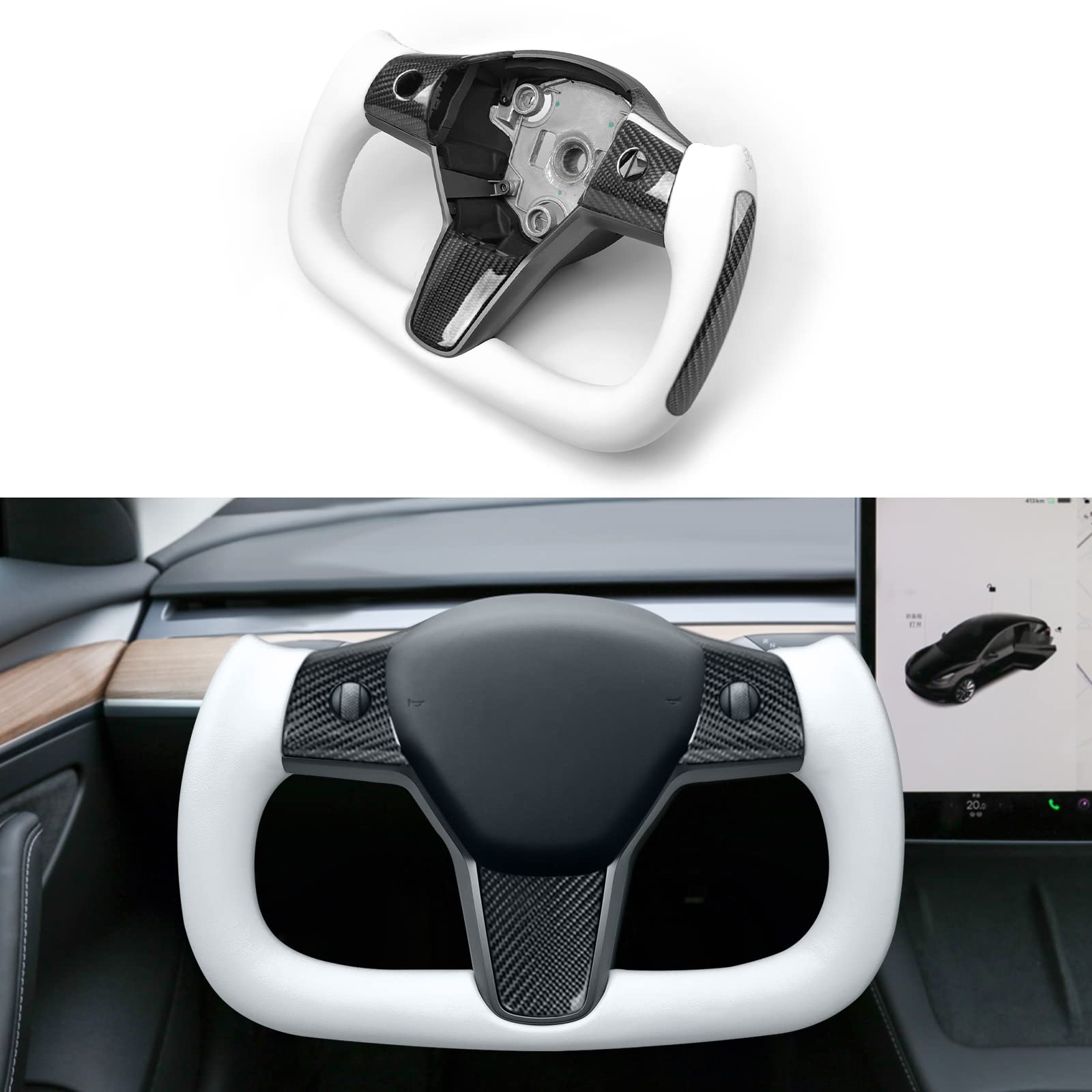 YAMUDA Carbon Fiber Steering Wheel Cover for Tesla Model 3 & Y (All Years) - White Square Aircraft Style with Side Handle | Premium Car Interior Upgrade for Enhanced Grip & Sporty Driving Experience